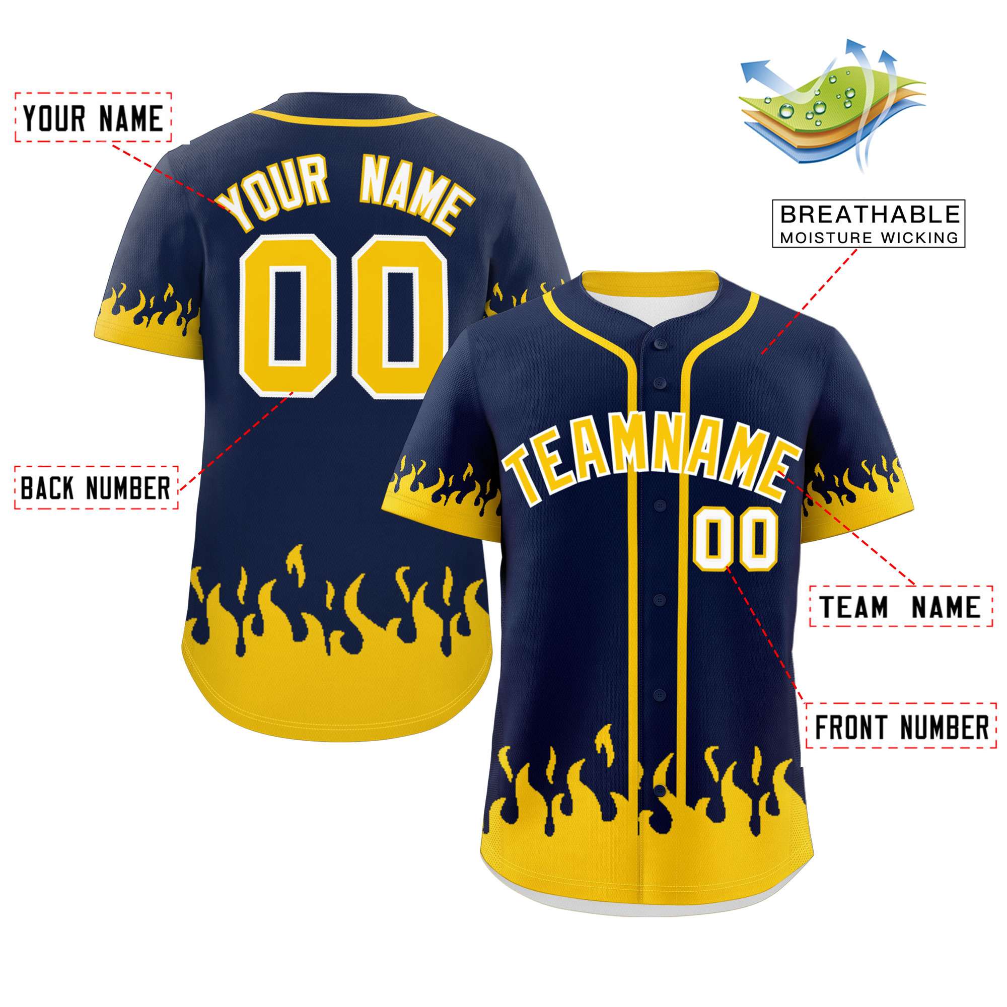 Custom Navy Gold Personalized Flame Graffiti Pattern Authentic Baseball Jersey