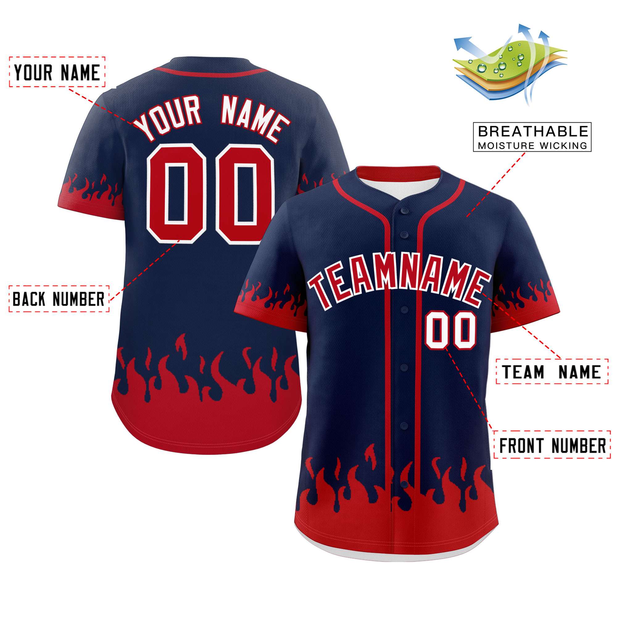 Custom Navy Red Personalized Flame Graffiti Pattern Authentic Baseball Jersey