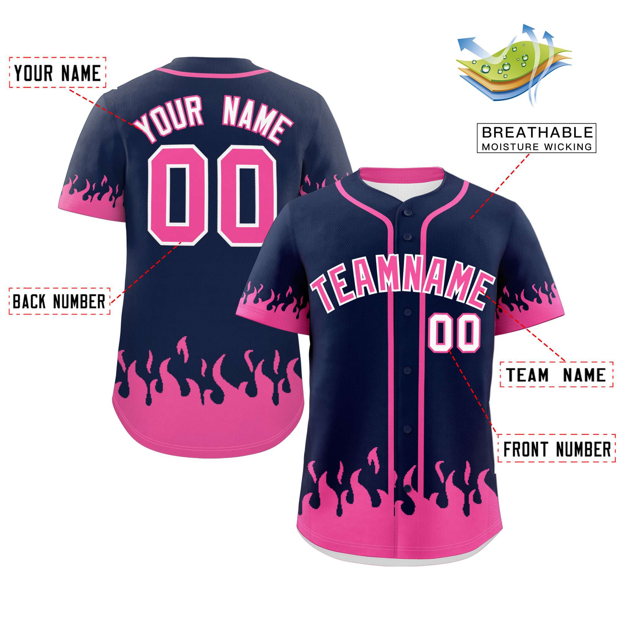 Custom Navy Pink Personalized Flame Graffiti Pattern Authentic Baseball Jersey