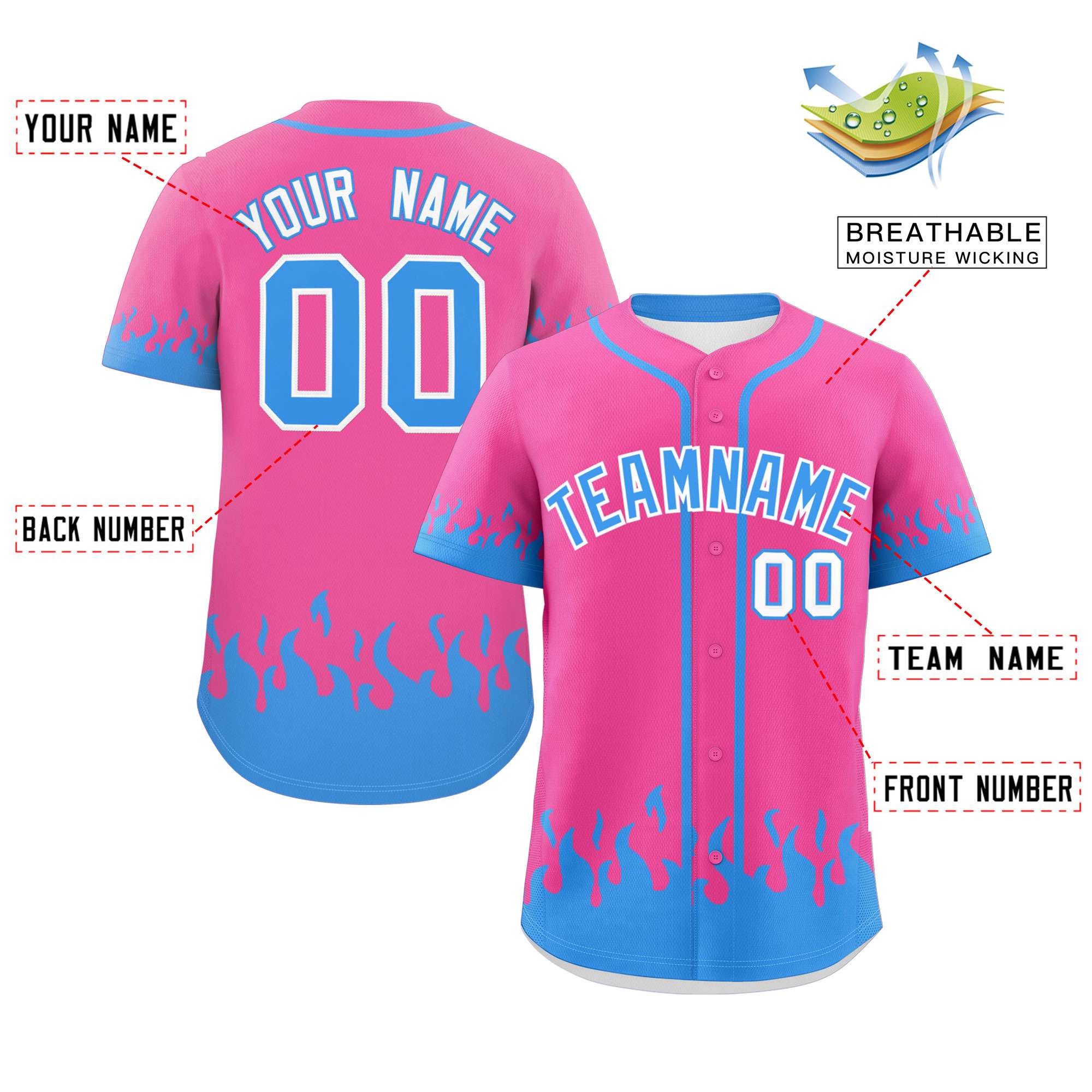 Custom Pink Powder Blue Personalized Flame Graffiti Pattern Authentic Baseball Jersey