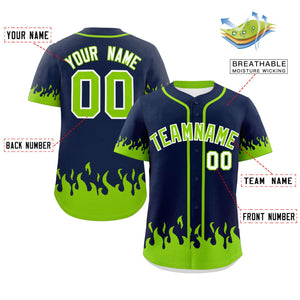 Custom Navy Neon Green Personalized Flame Graffiti Pattern Authentic Baseball Jersey