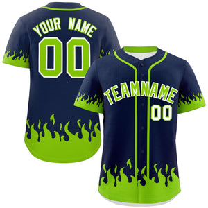 Custom Navy Neon Green Personalized Flame Graffiti Pattern Authentic Baseball Jersey