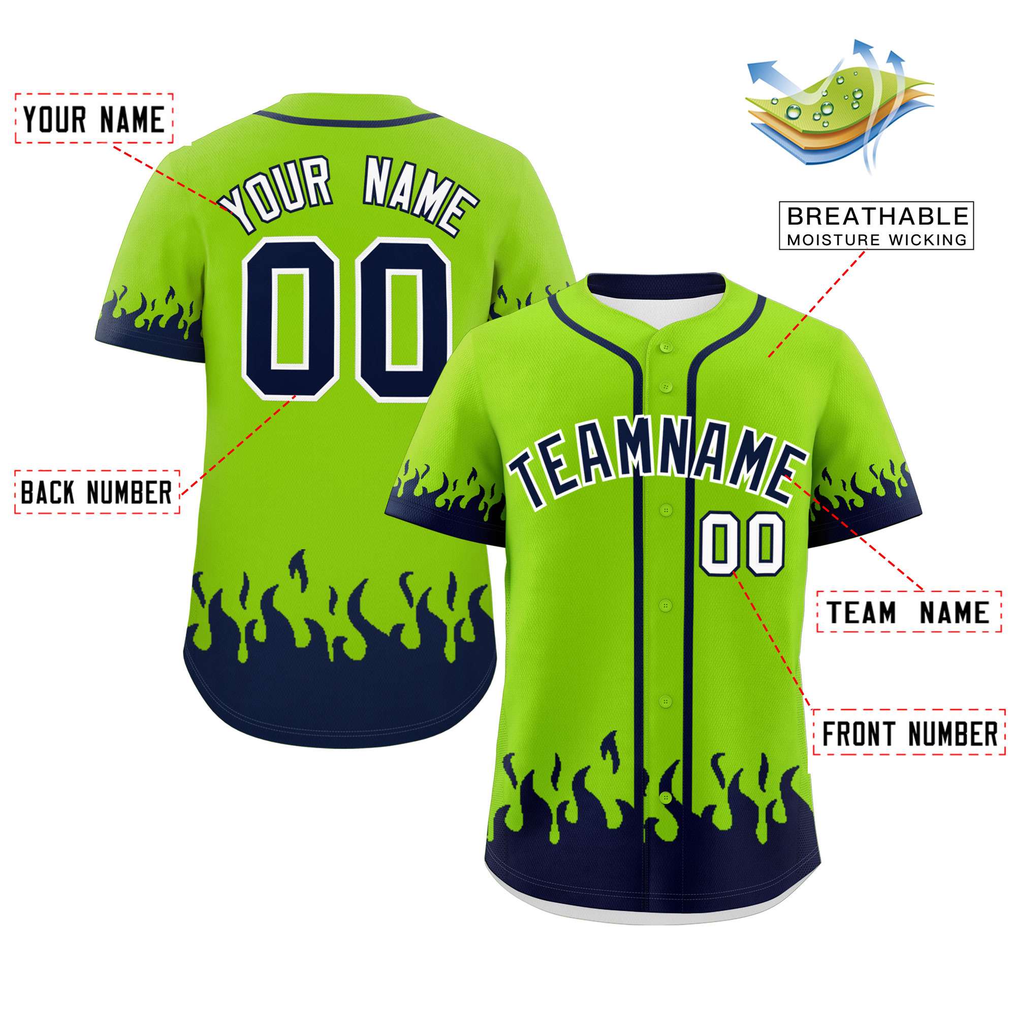 Custom Neon Green Navy Personalized Flame Graffiti Pattern Authentic Baseball Jersey