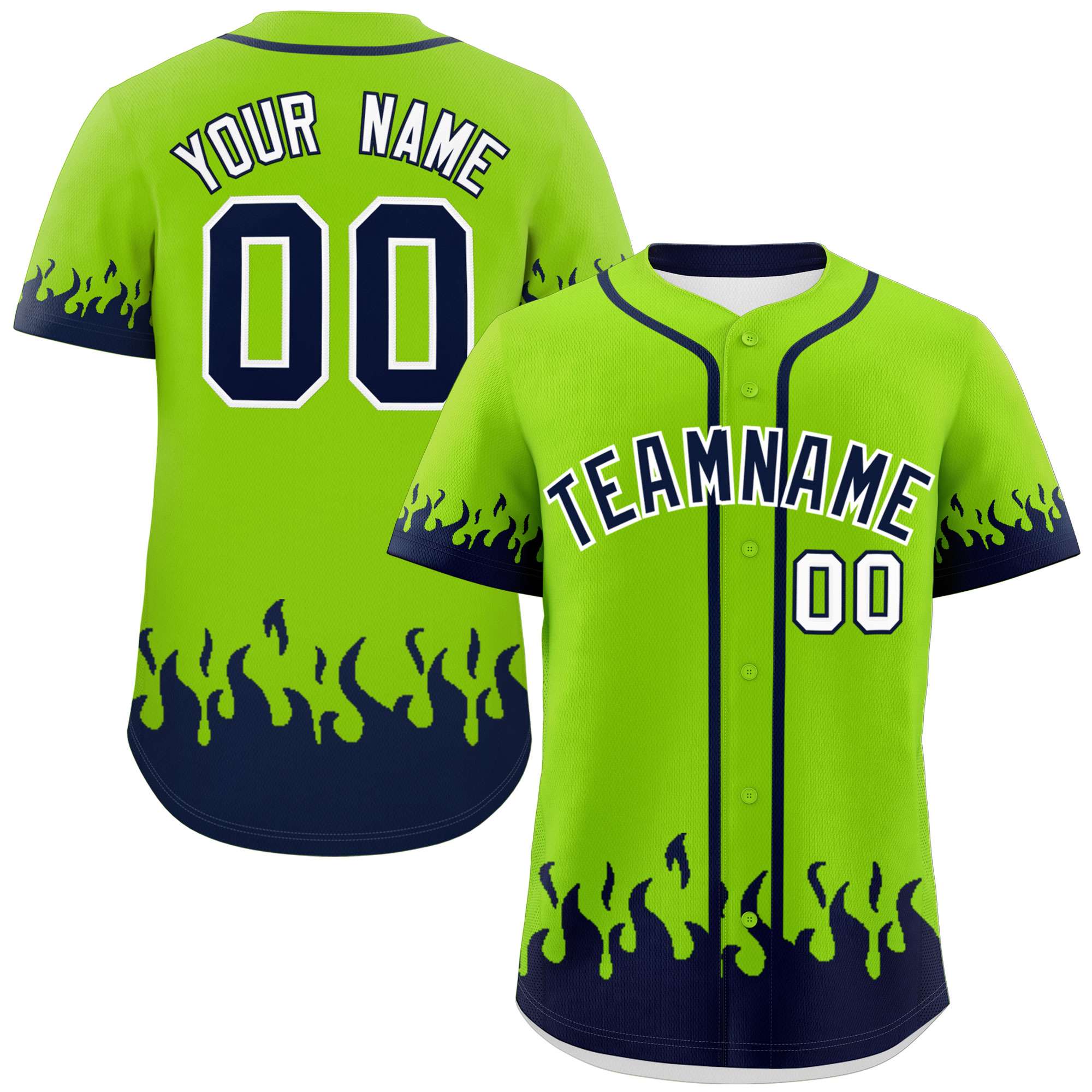 Custom Neon Green Navy Personalized Flame Graffiti Pattern Authentic Baseball Jersey