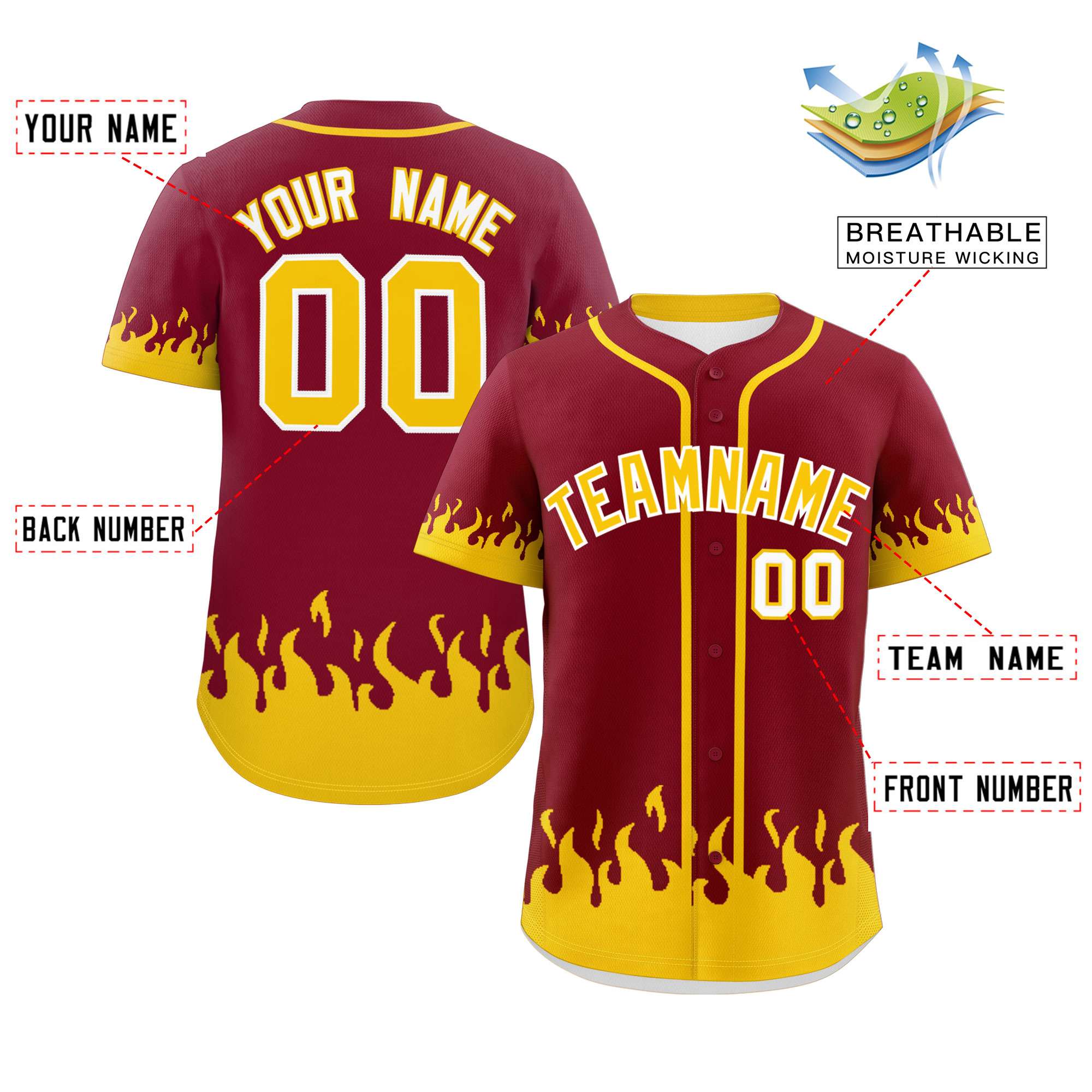 Custom Crimson Gold Personalized Flame Graffiti Pattern Authentic Baseball Jersey