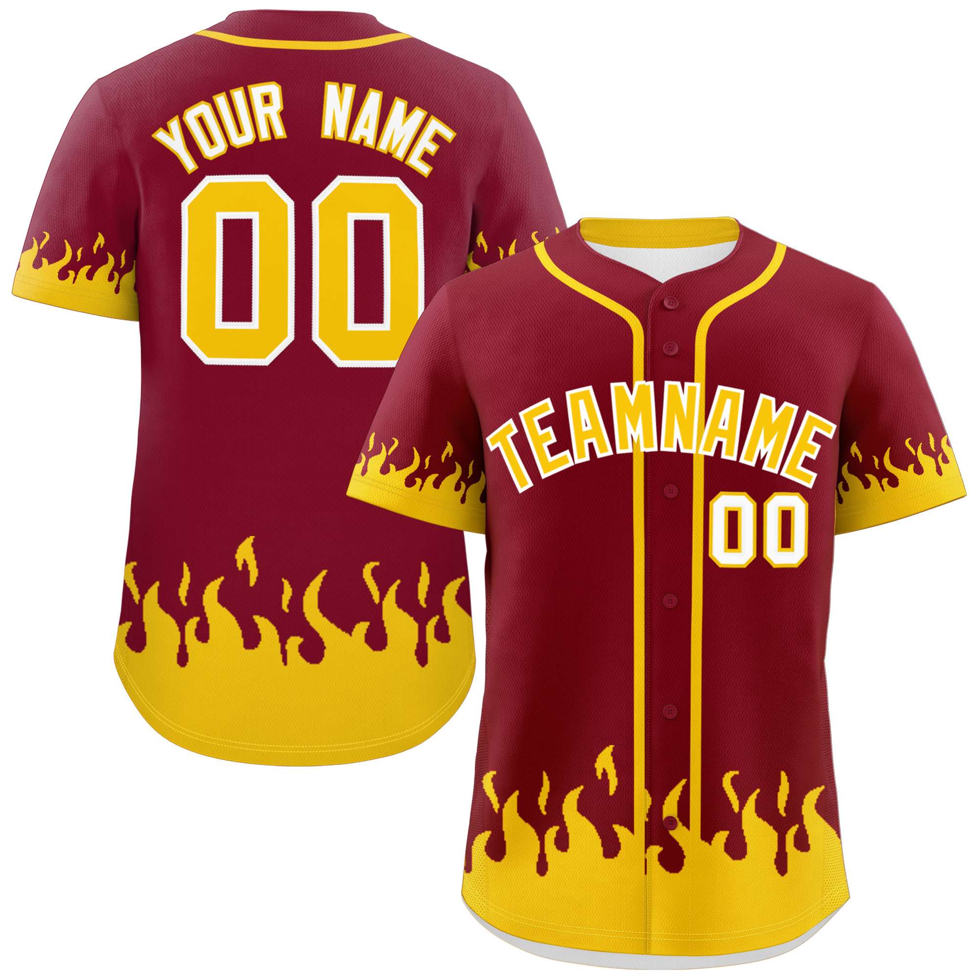 Custom Crimson Gold Personalized Flame Graffiti Pattern Authentic Baseball Jersey