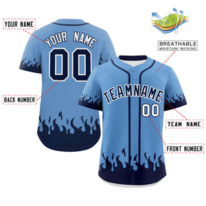 Custom Light Blue Navy Personalized Flame Graffiti Pattern Authentic Baseball Jersey