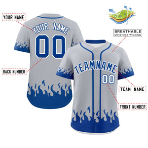 Custom Gray Royal Personalized Flame Graffiti Pattern Authentic Baseball Jersey