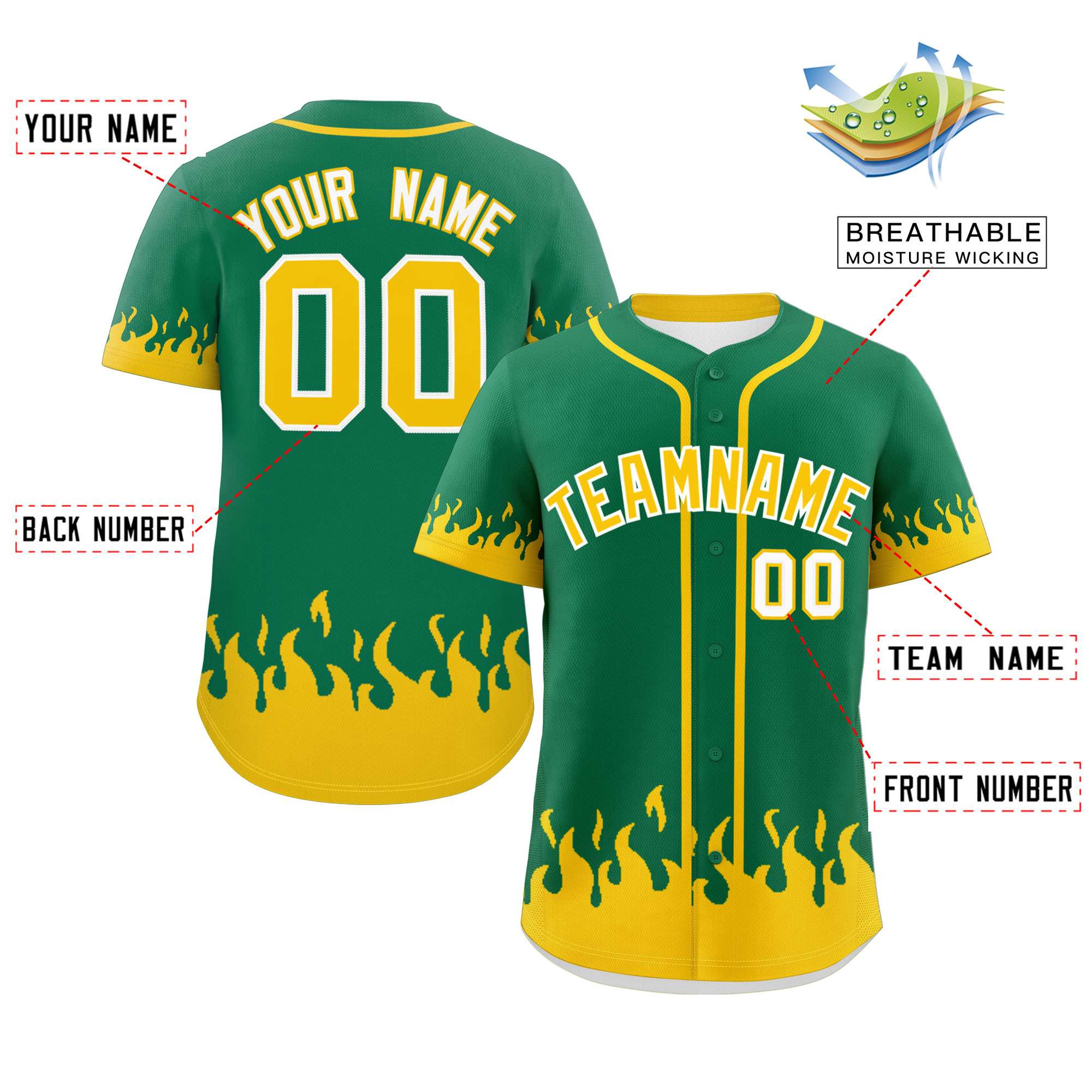 Custom Kelly Green Gold Personalized Flame Graffiti Pattern Authentic Baseball Jersey