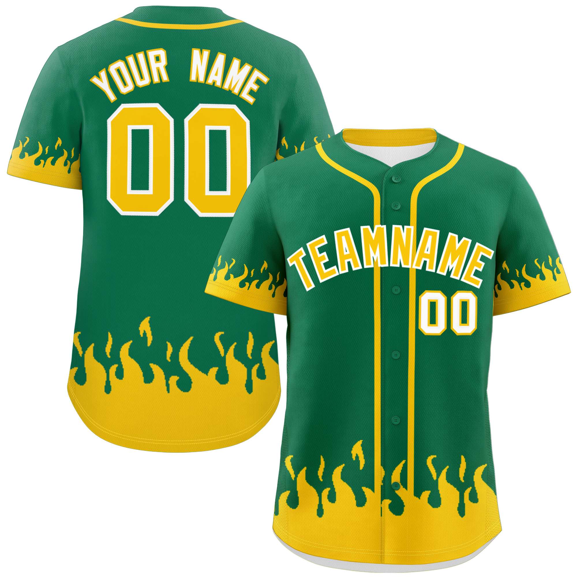 Custom Kelly Green Gold Personalized Flame Graffiti Pattern Authentic Baseball Jersey