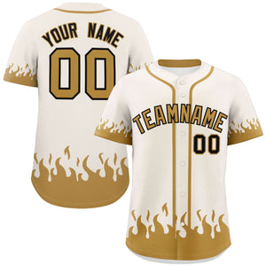 Custom Cream Old Gold Personalized Flame Graffiti Pattern Authentic Baseball Jersey