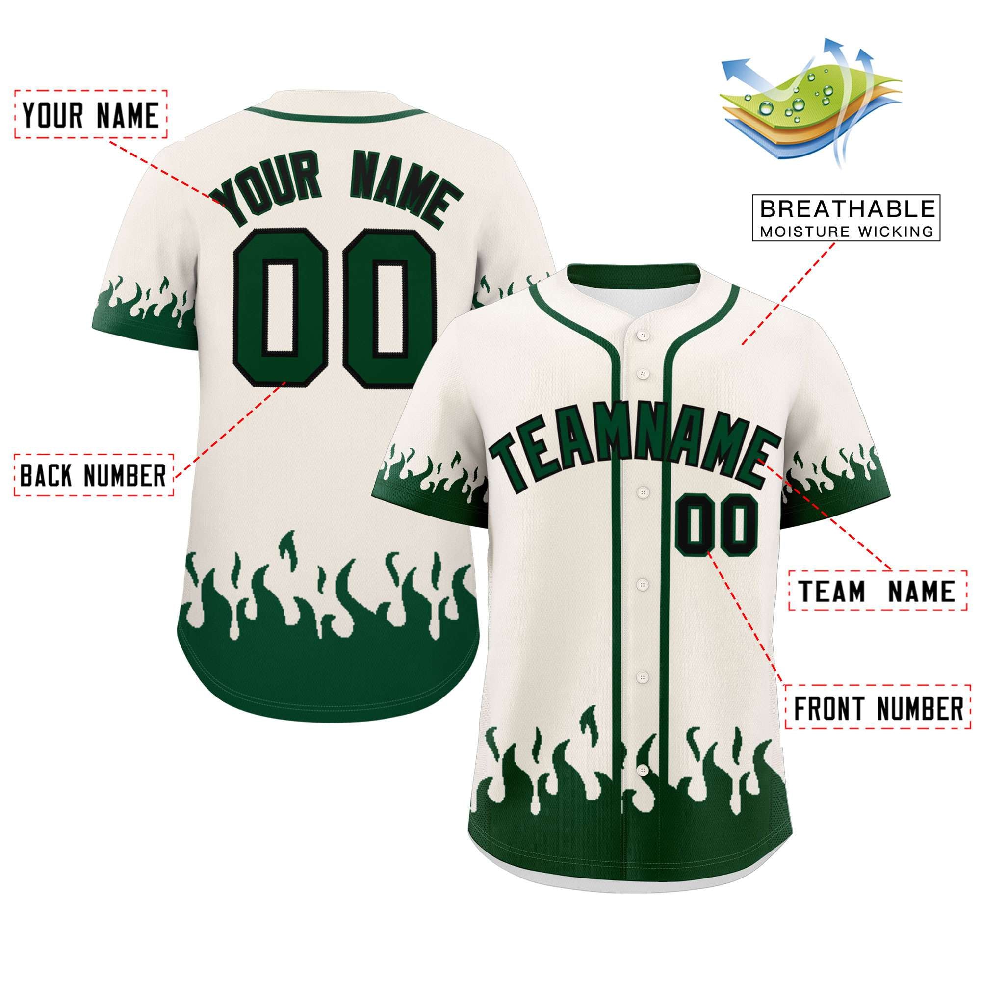 Custom Cream Green Personalized Flame Graffiti Pattern Authentic Baseball Jersey