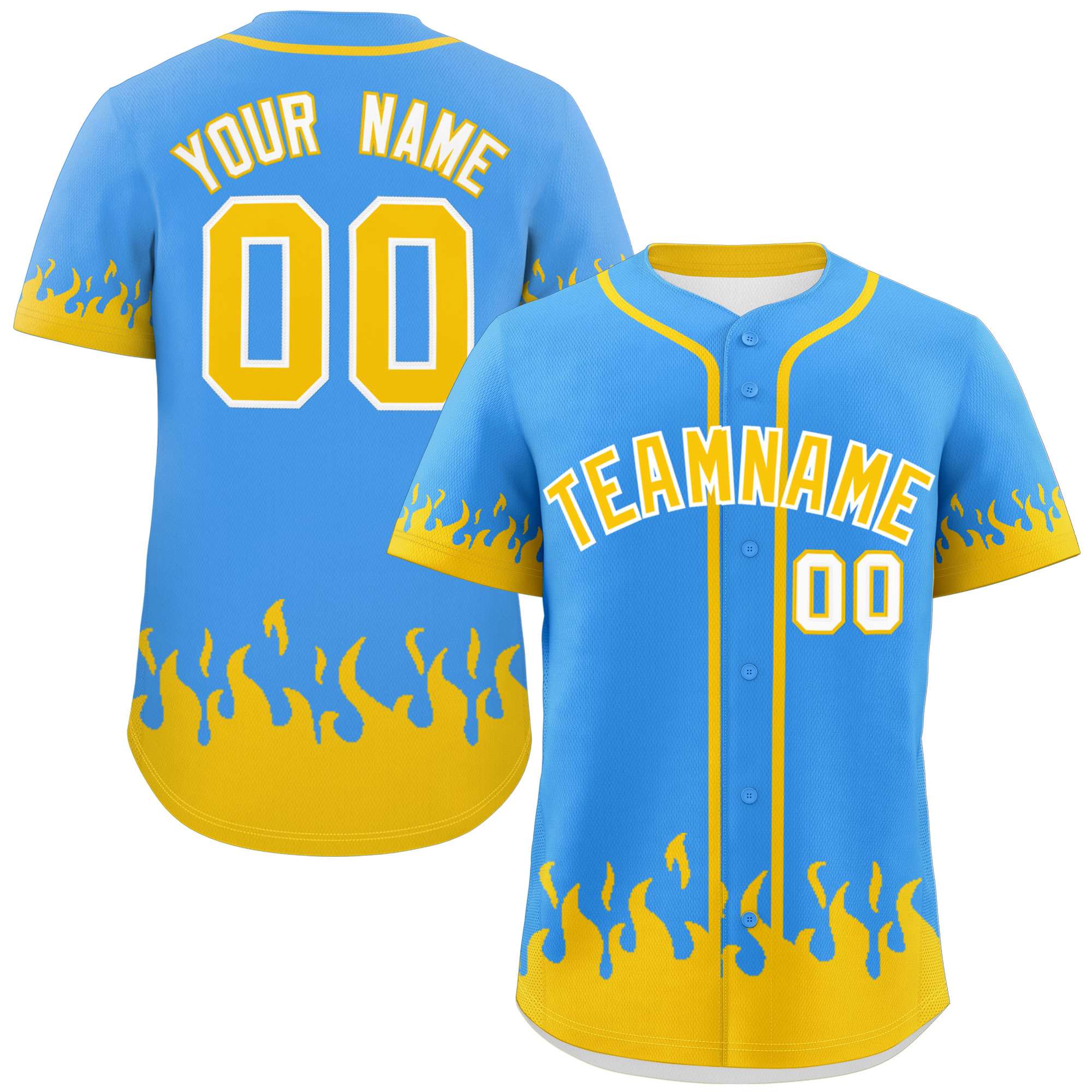 Custom Powder Blue Gold Personalized Flame Graffiti Pattern Authentic Baseball Jersey