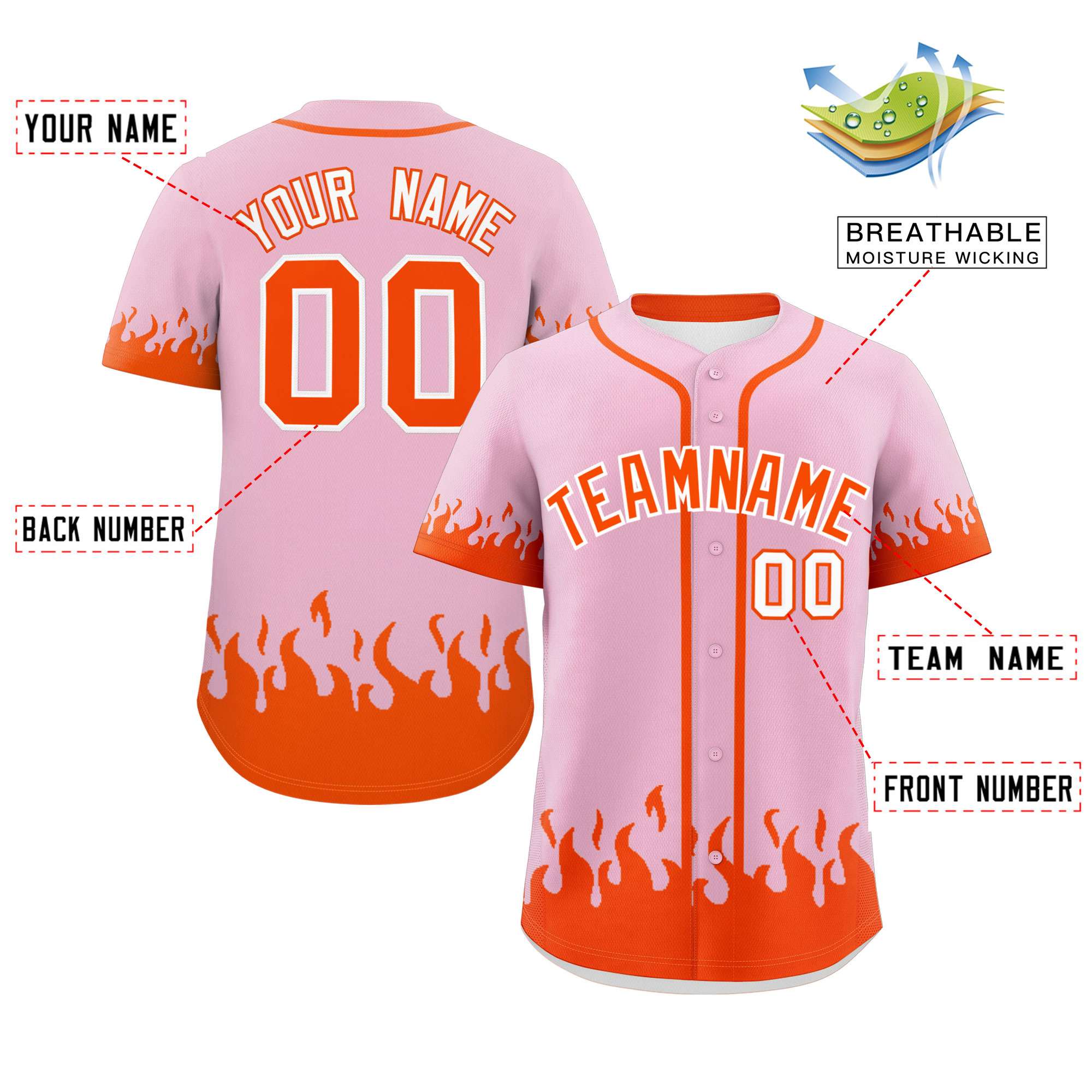 Custom Light Pink Orange Personalized Flame Graffiti Pattern Authentic Baseball Jersey