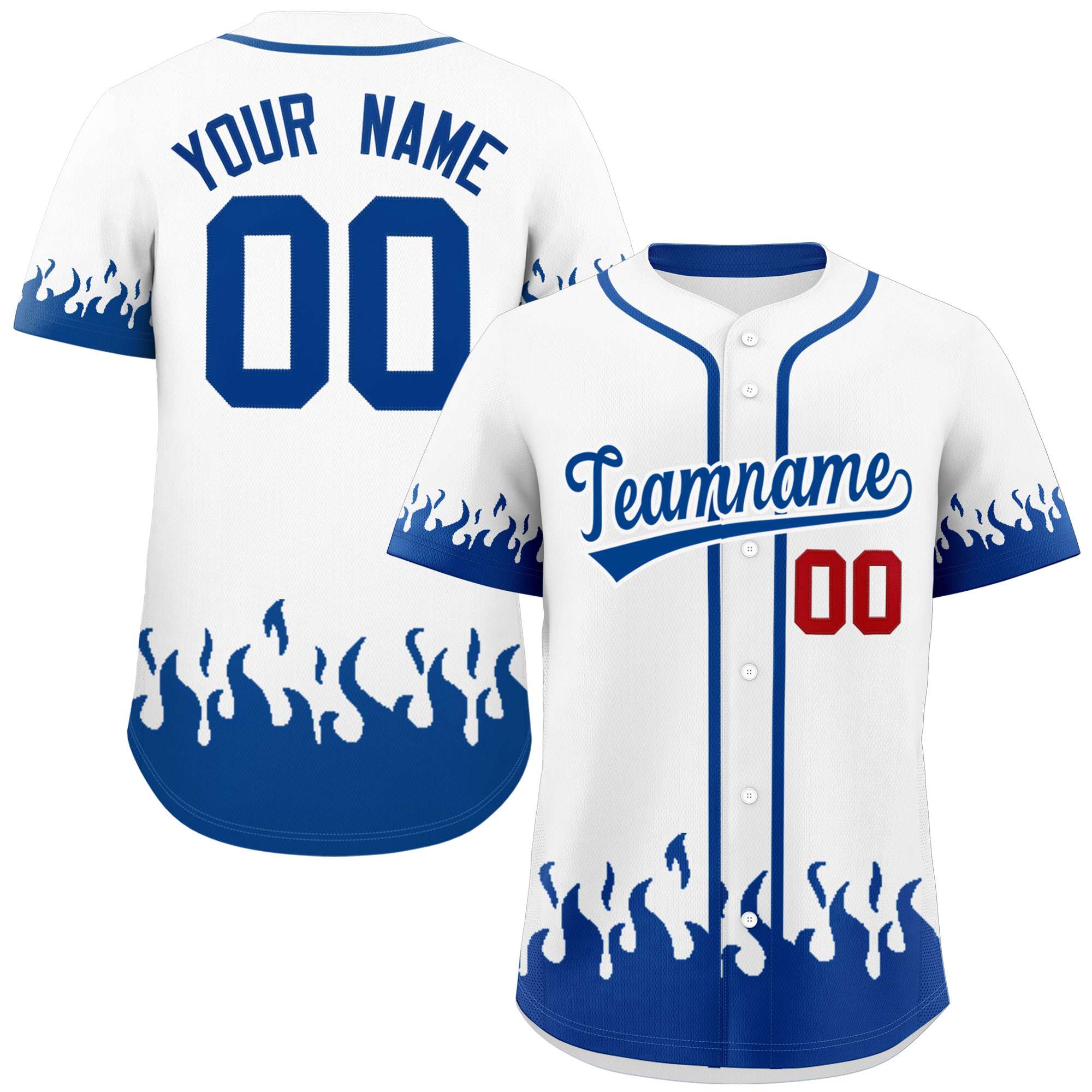 Custom White Royal Personalized Flame Graffiti Pattern Authentic Baseball Jersey