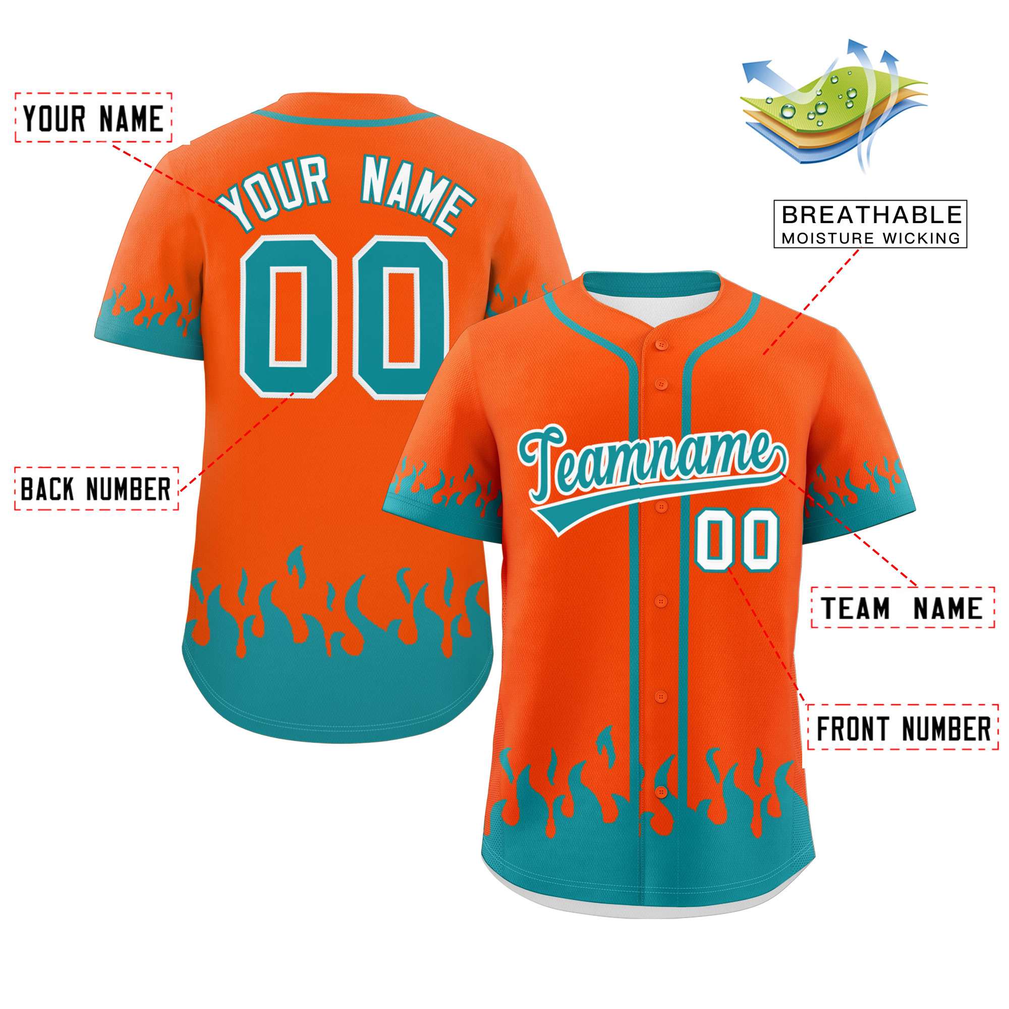 Custom Orange Aqua Personalized Flame Graffiti Pattern Authentic Baseball Jersey