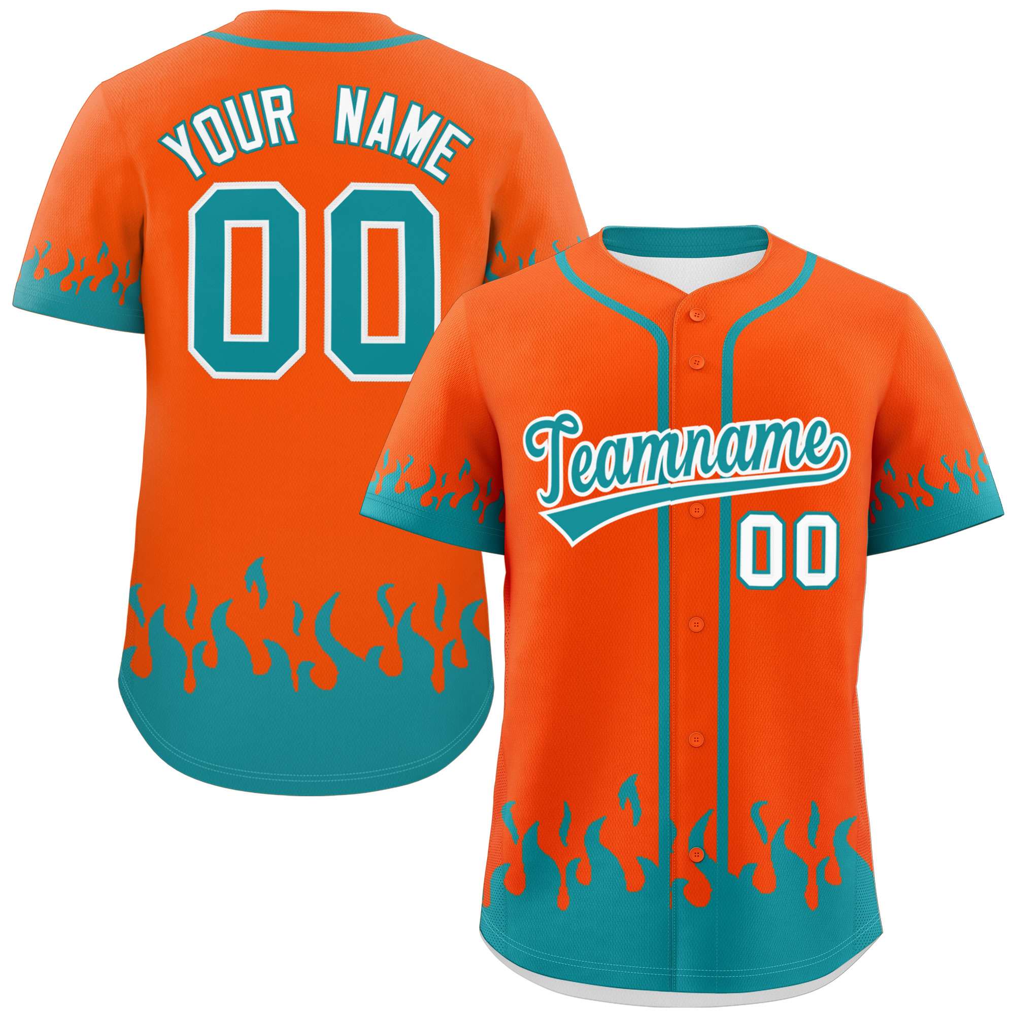 Custom Orange Aqua Personalized Flame Graffiti Pattern Authentic Baseball Jersey