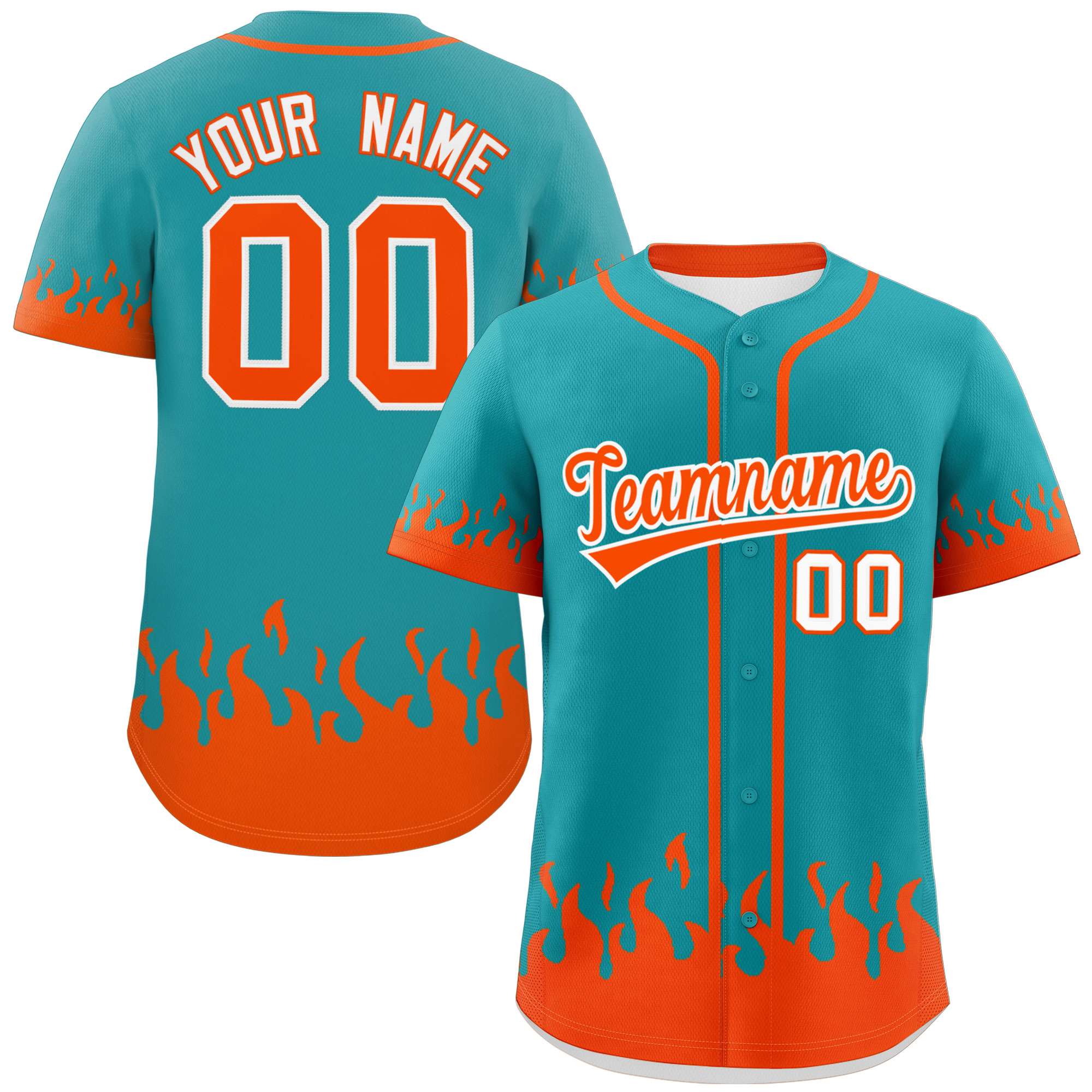 Custom Aqua Orange Personalized Flame Graffiti Pattern Authentic Baseball Jersey