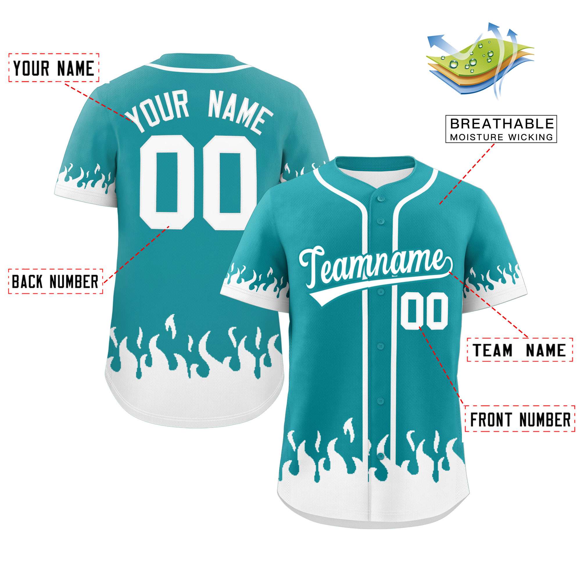 Custom Aqua White Personalized Flame Graffiti Pattern Authentic Baseball Jersey