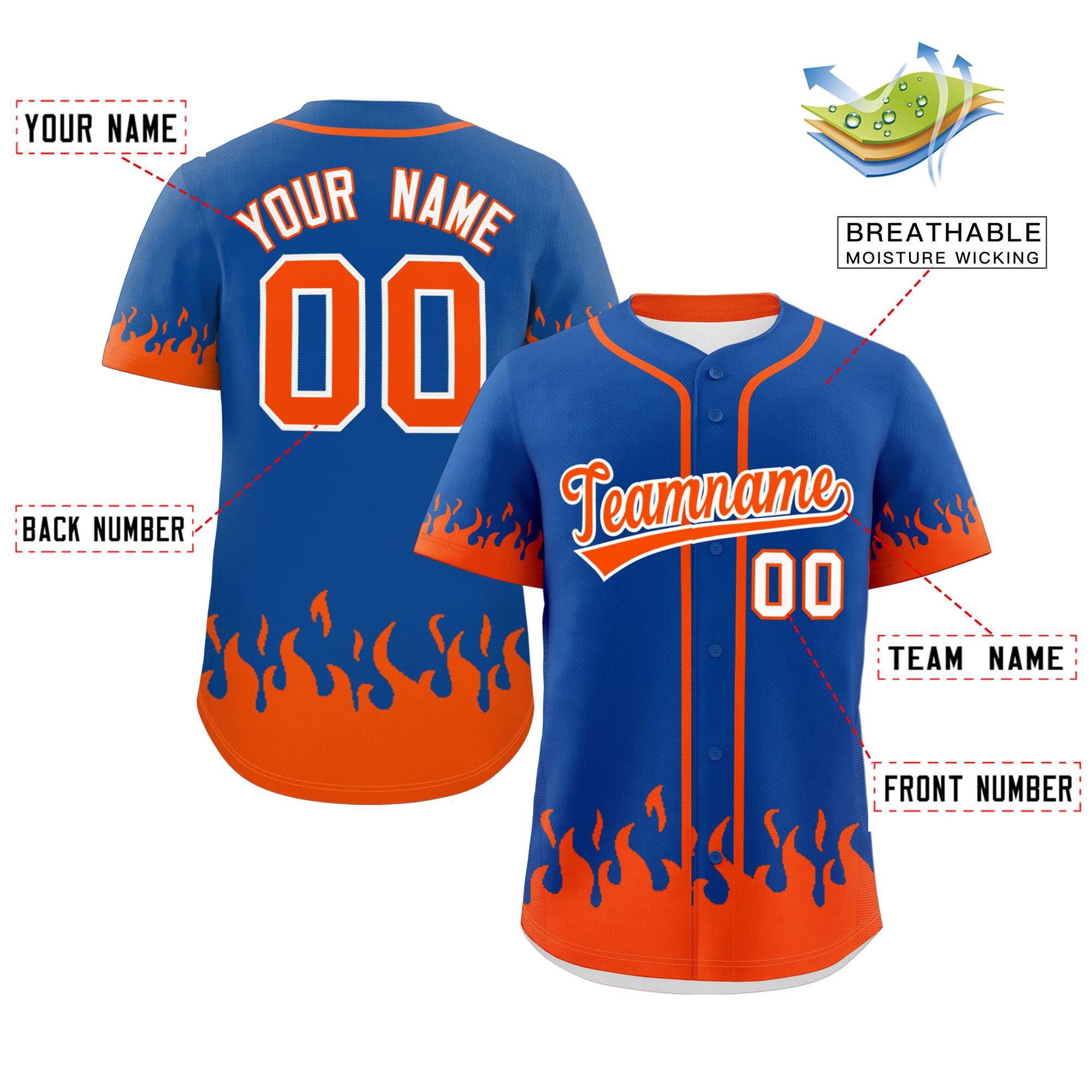 Custom Royal Orange Personalized Flame Graffiti Pattern Authentic Baseball Jersey