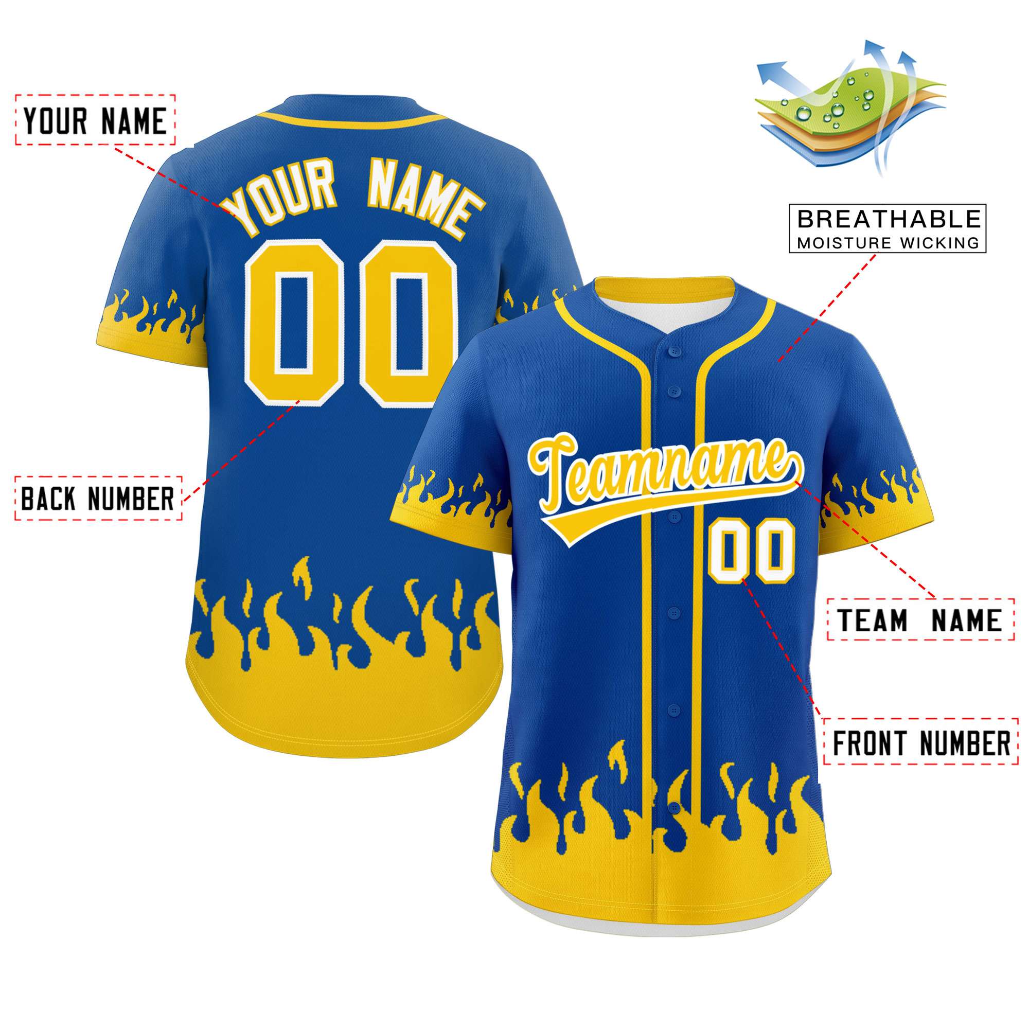 Custom Royal Gold Personalized Flame Graffiti Pattern Authentic Baseball Jersey