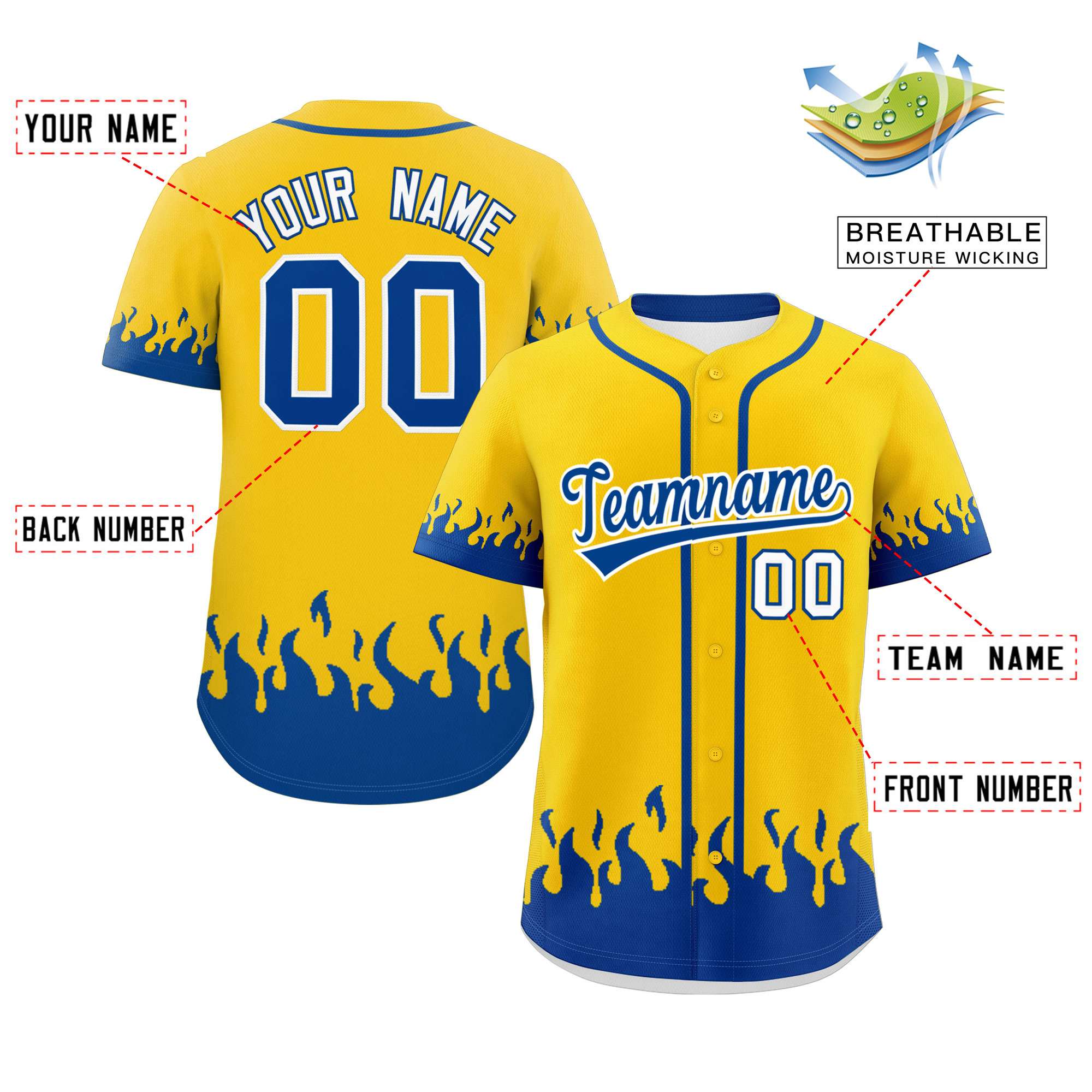 Custom Gold Royal Personalized Flame Graffiti Pattern Authentic Baseball Jersey