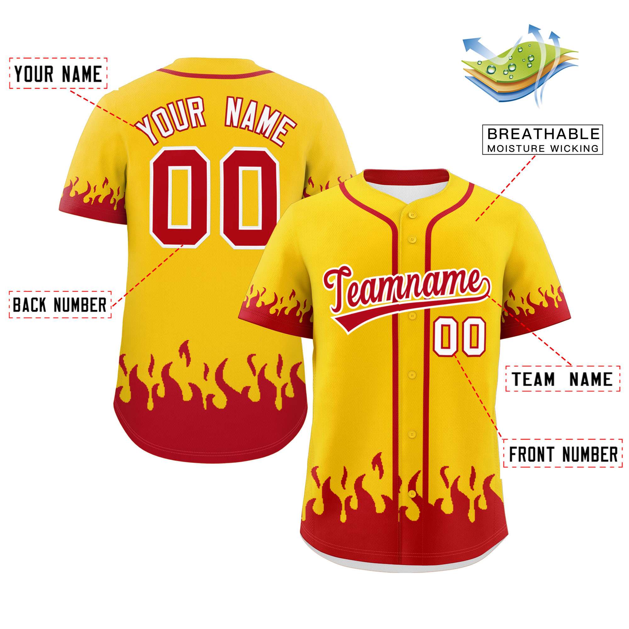 Custom Gold Red Personalized Flame Graffiti Pattern Authentic Baseball Jersey