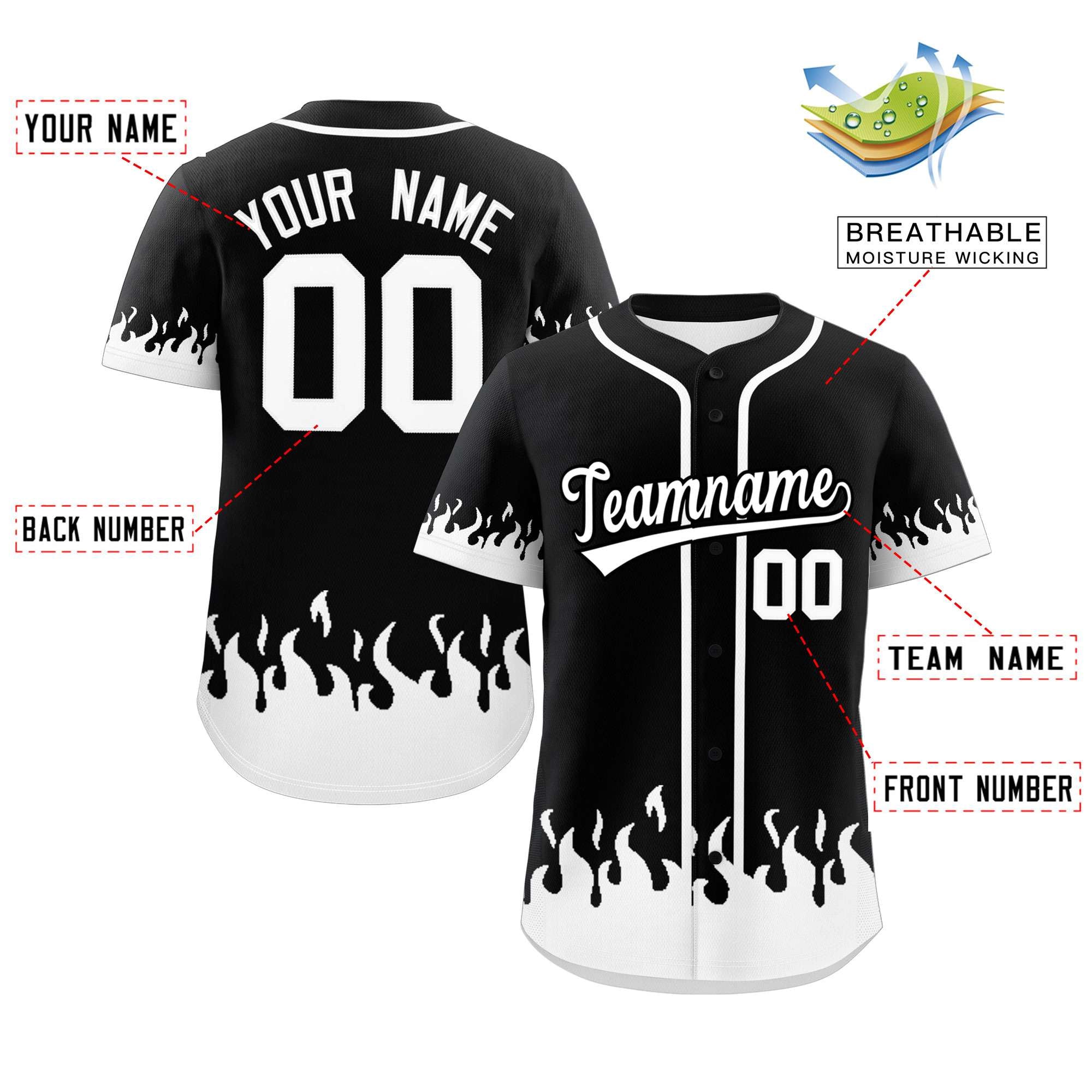 Custom Black White Personalized Flame Graffiti Pattern Authentic Baseball Jersey