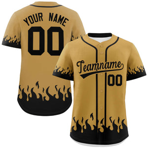 Custom Old Gold Black Personalized Flame Graffiti Pattern Authentic Baseball Jersey