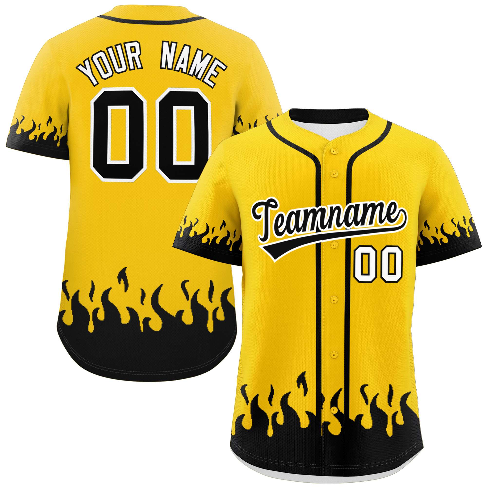 Custom Gold Black Personalized Flame Graffiti Pattern Authentic Baseball Jersey