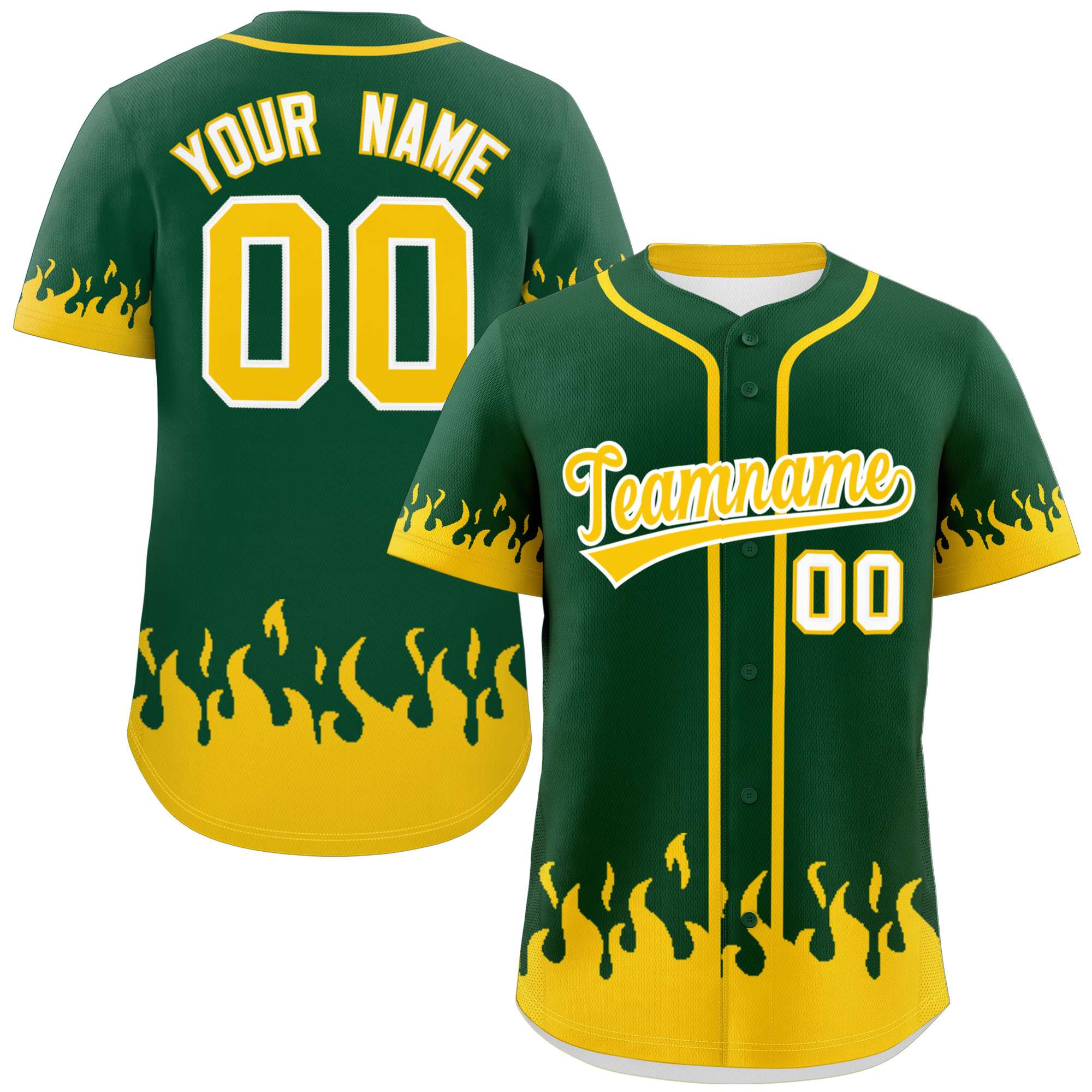 Custom Green Gold Personalized Flame Graffiti Pattern Authentic Baseball Jersey