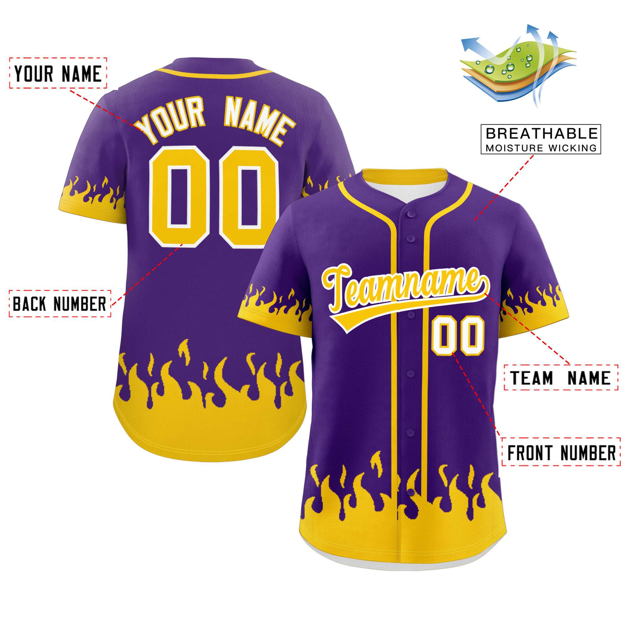 Custom Purple Gold Personalized Flame Graffiti Pattern Authentic Baseball Jersey