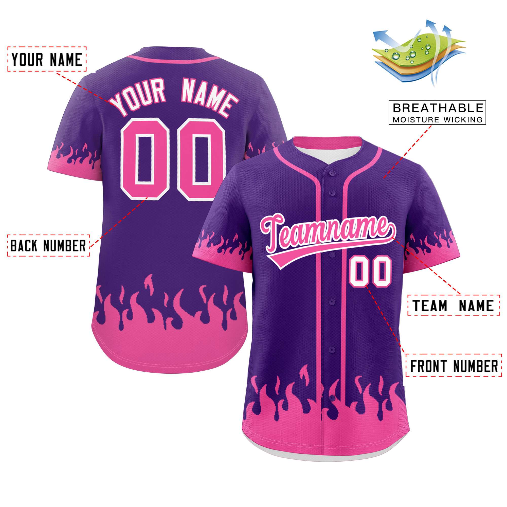 Custom Purple Pink Personalized Flame Graffiti Pattern Authentic Baseball Jersey