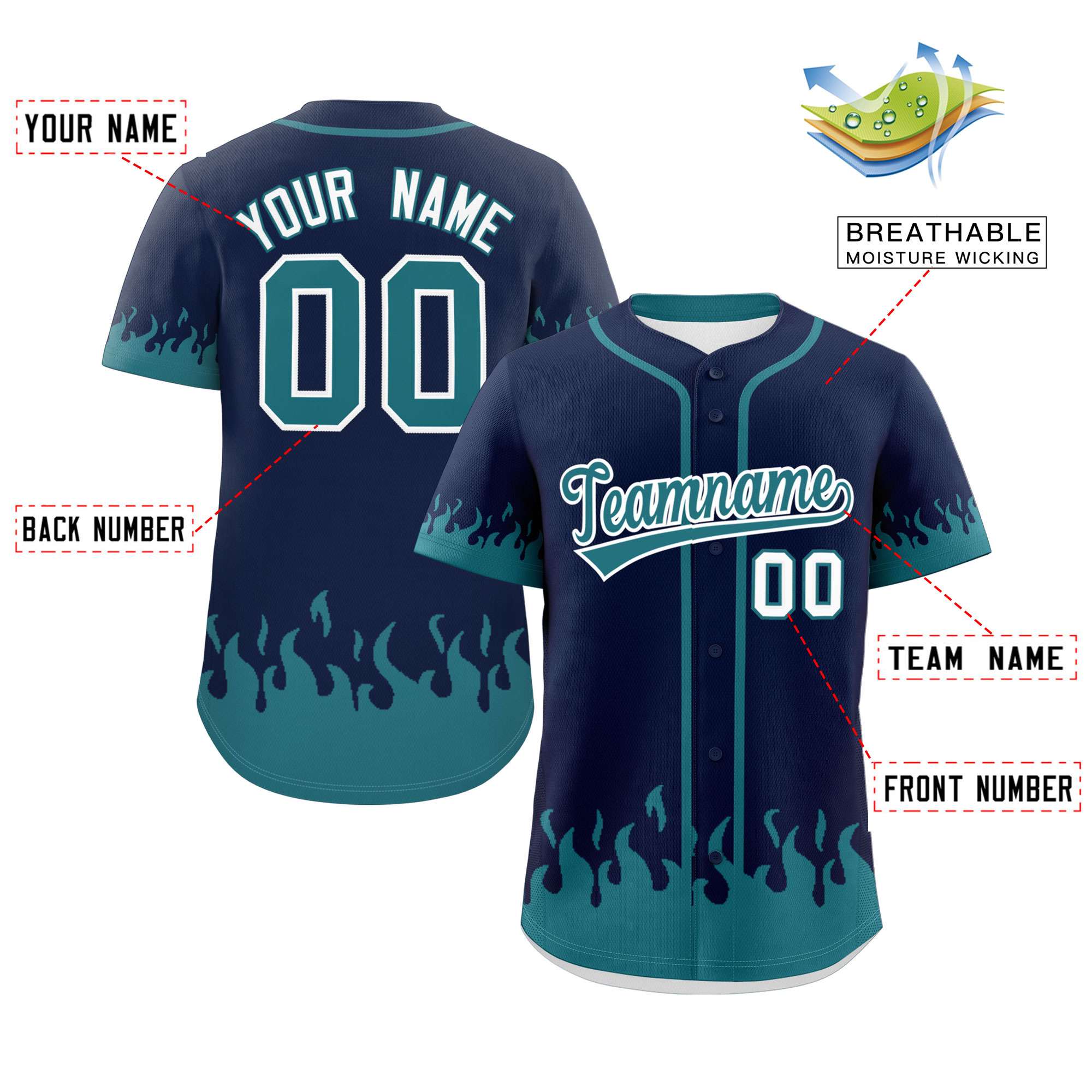 Custom Navy Aqua Personalized Flame Graffiti Pattern Authentic Baseball Jersey