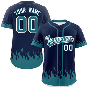 Custom Navy Aqua Personalized Flame Graffiti Pattern Authentic Baseball Jersey