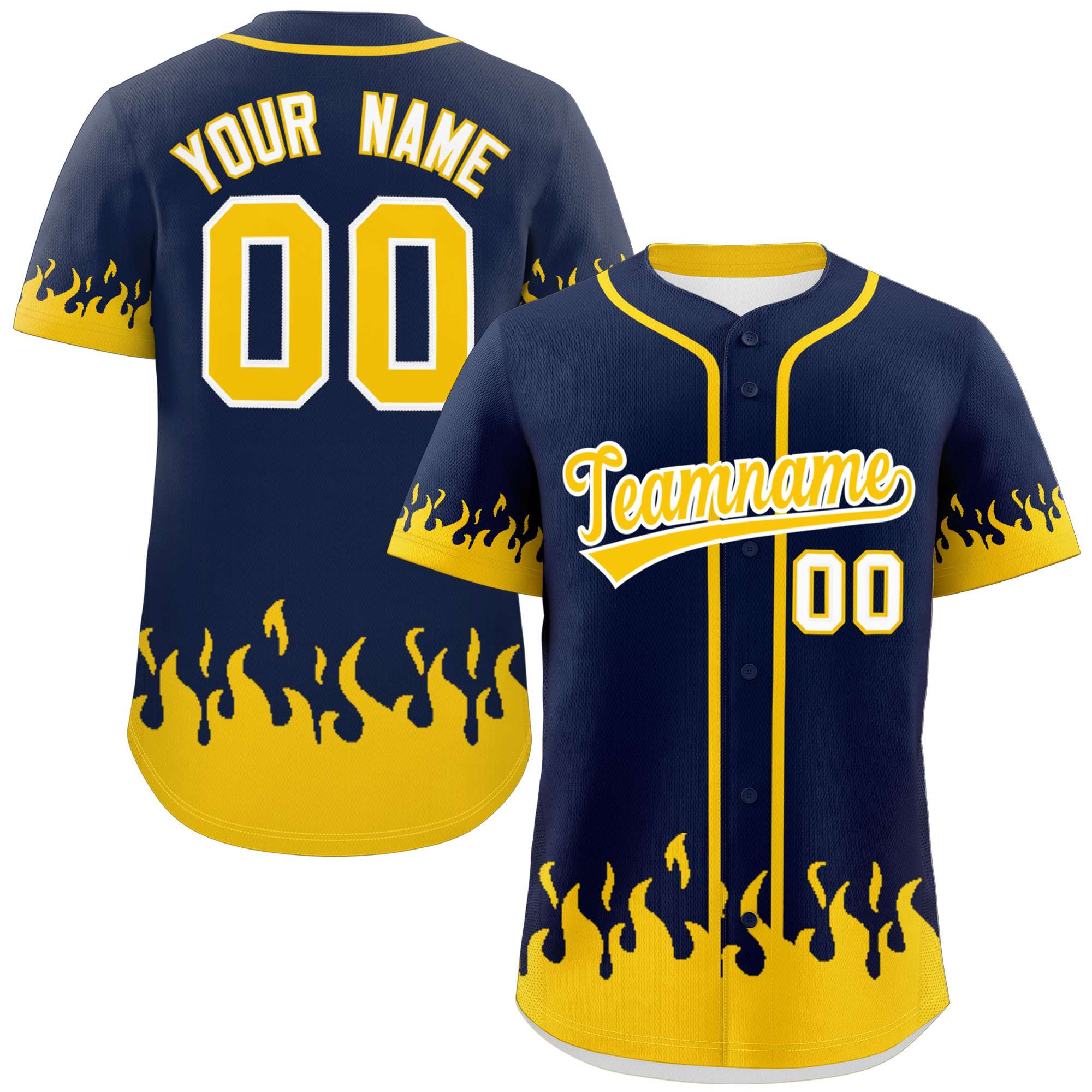 Custom Navy Gold Personalized Flame Graffiti Pattern Authentic Baseball Jersey