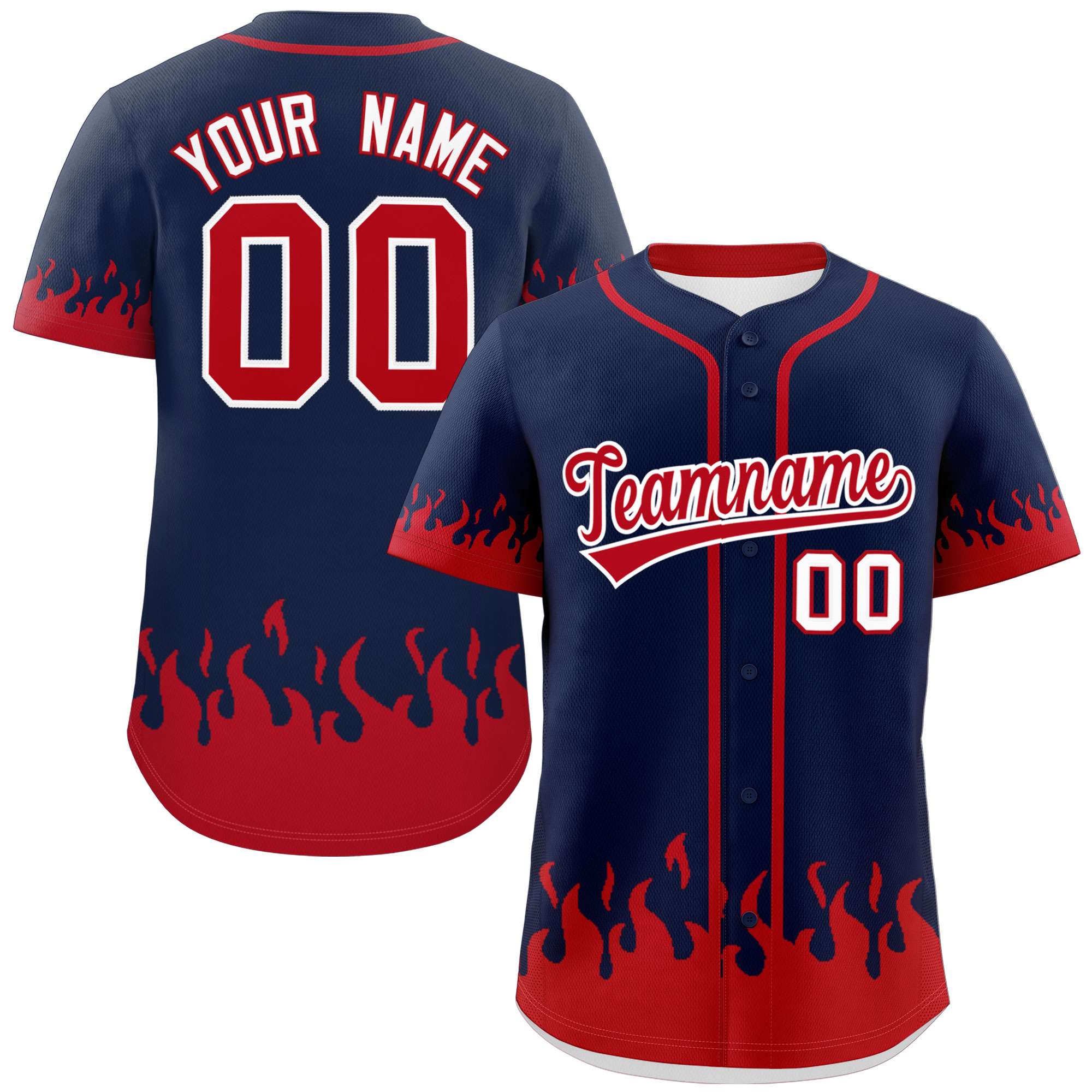 Custom Navy Red Personalized Flame Graffiti Pattern Authentic Baseball Jersey