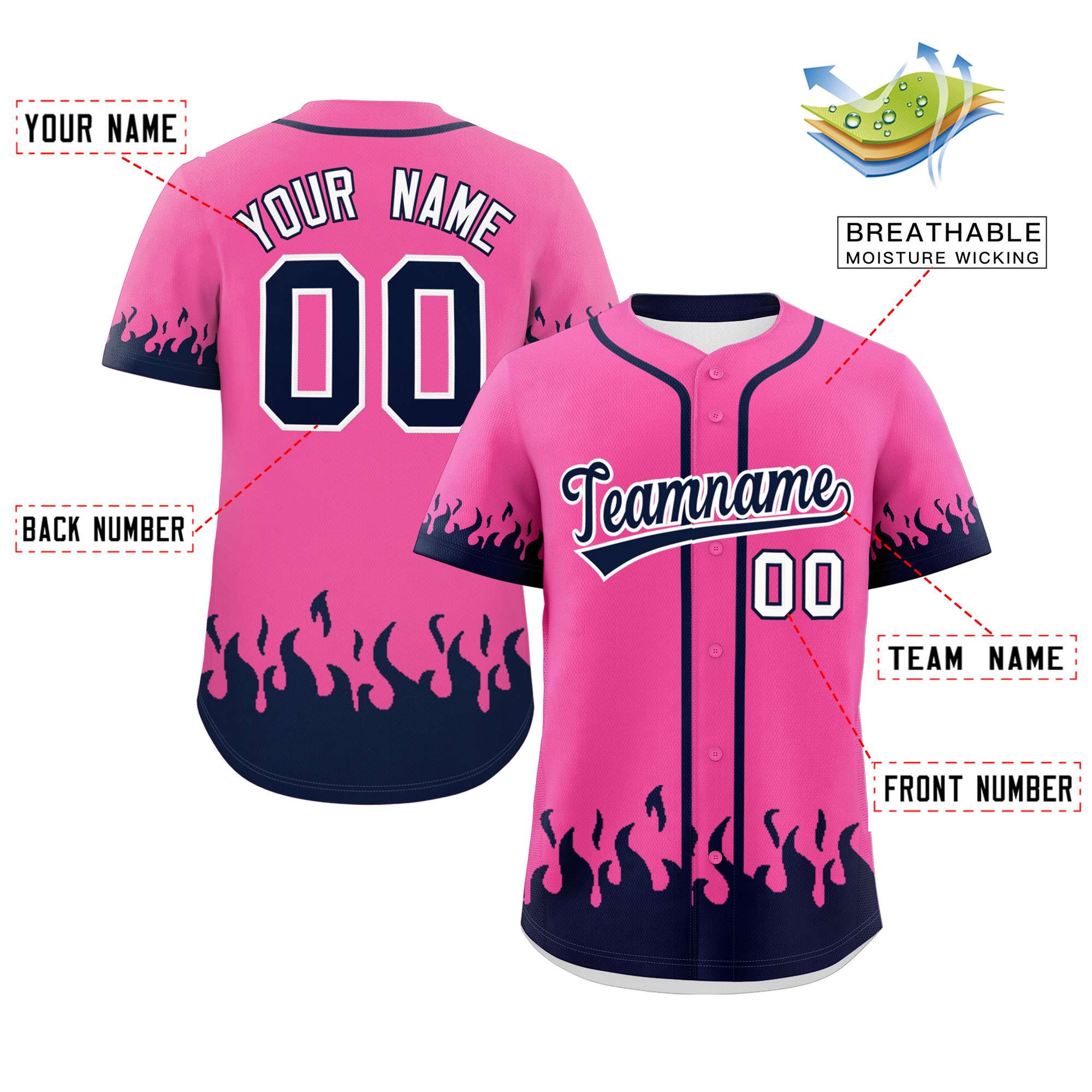 Custom Pink Navy Personalized Flame Graffiti Pattern Authentic Baseball Jersey