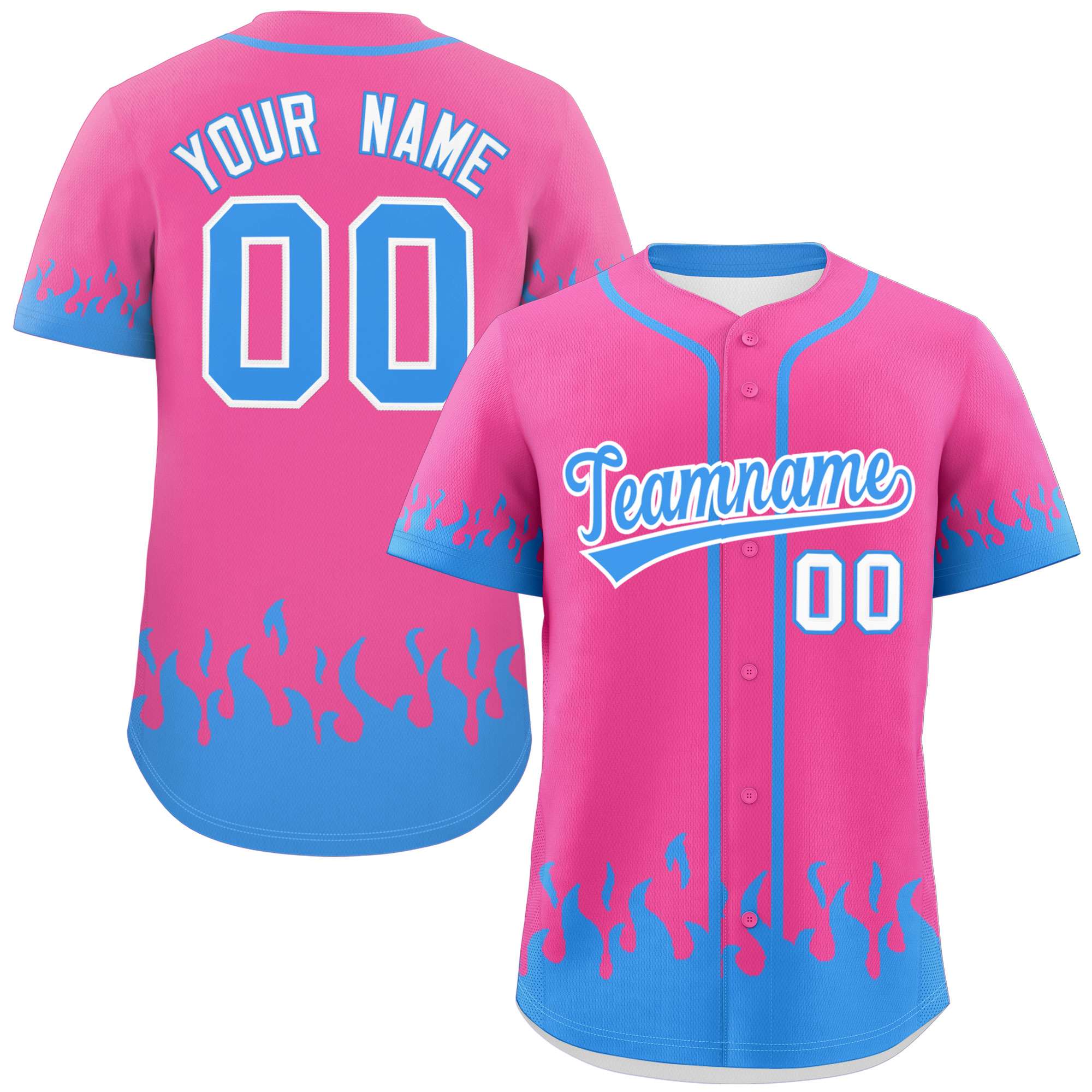 Custom Pink Powder Blue Personalized Flame Graffiti Pattern Authentic Baseball Jersey