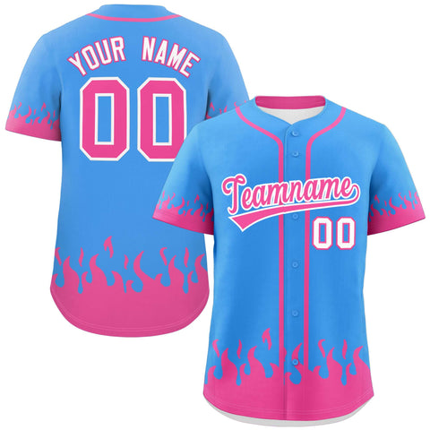 Custom Powder Blue Pink Personalized Flame Graffiti Pattern Authentic Baseball Jersey