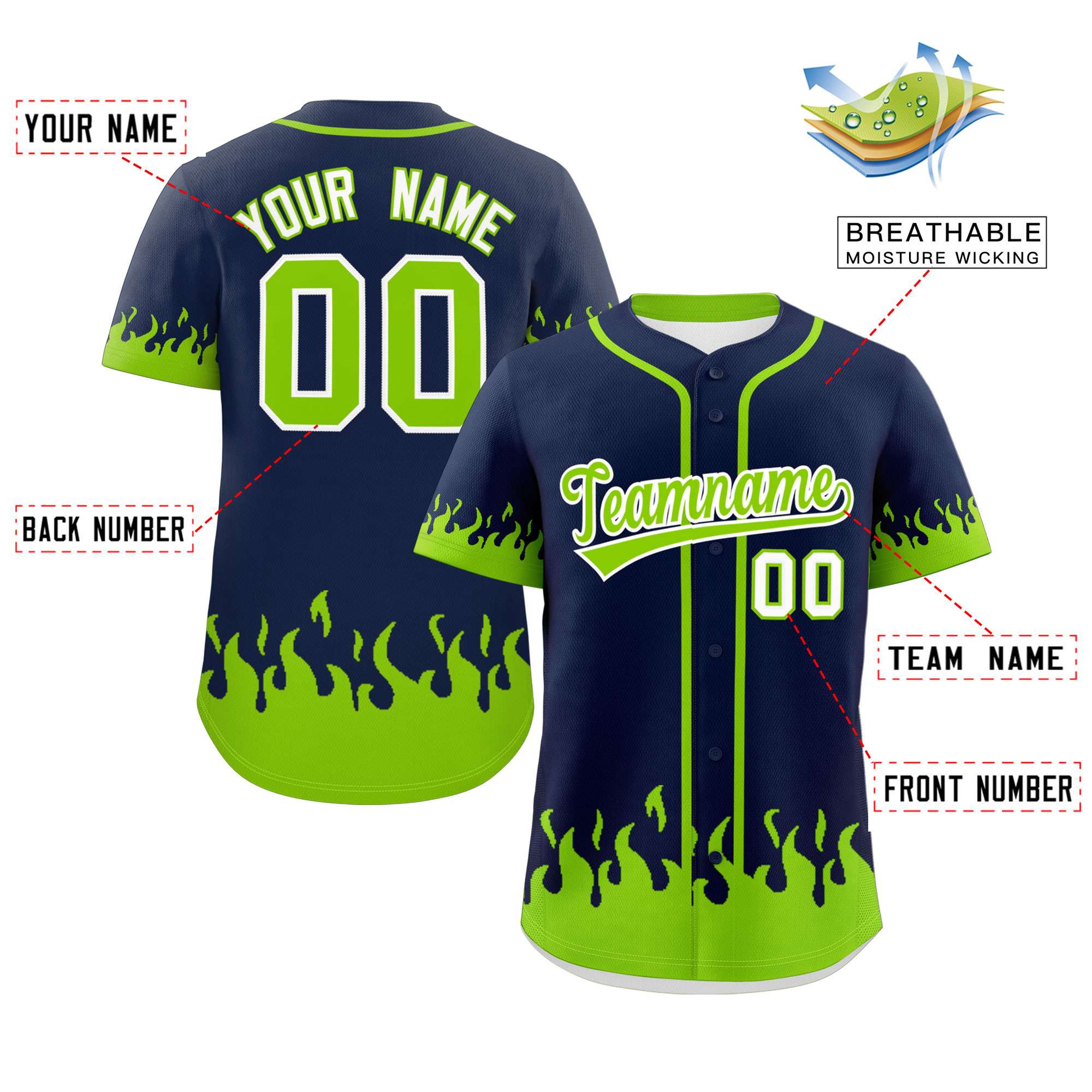 Custom Navy Neon Green Personalized Flame Graffiti Pattern Authentic Baseball Jersey