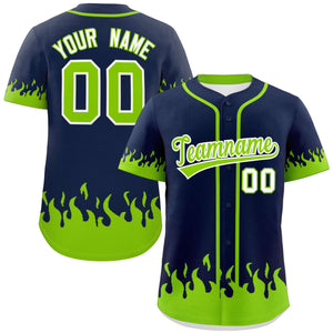 Custom Navy Neon Green Personalized Flame Graffiti Pattern Authentic Baseball Jersey