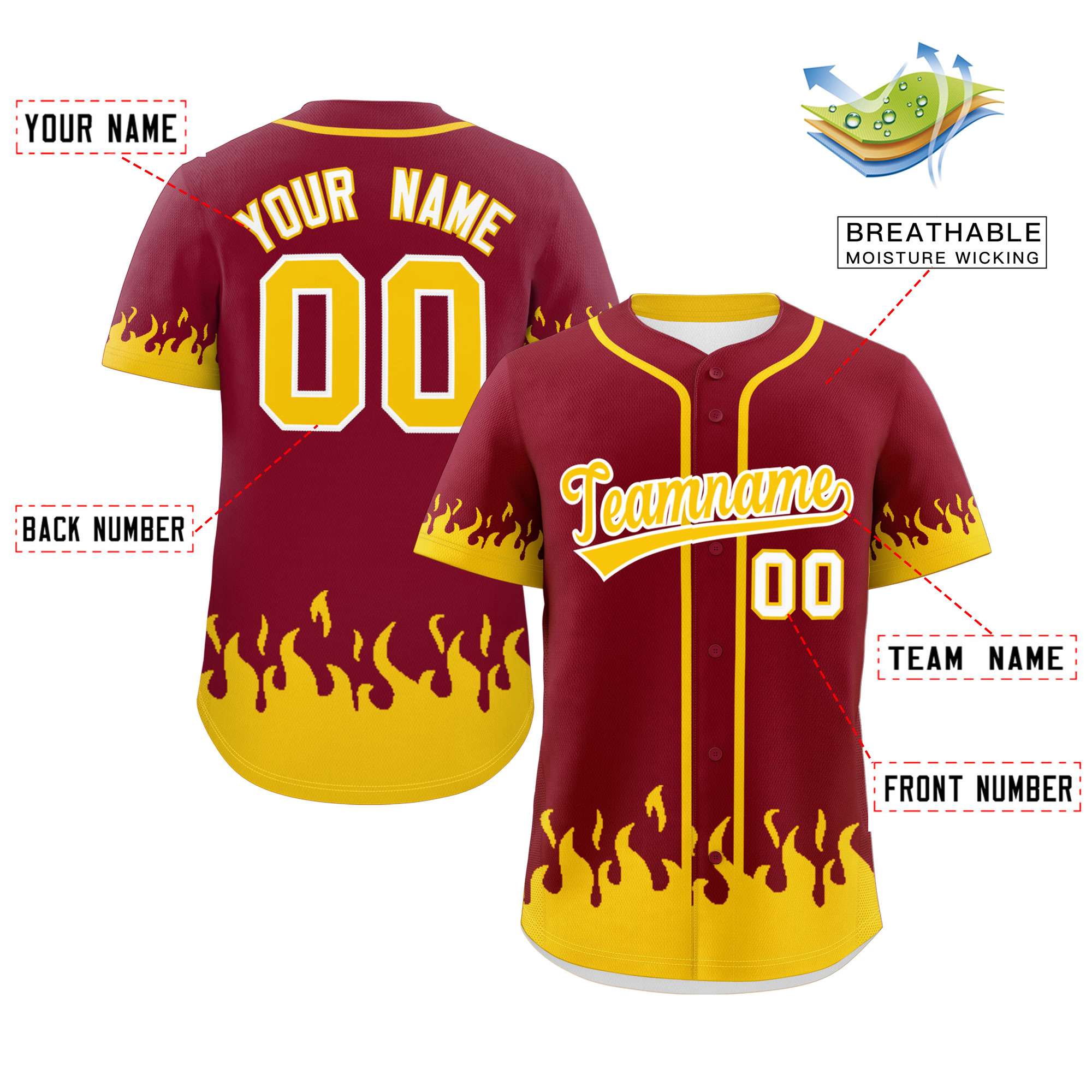 Custom Crimson Gold Personalized Flame Graffiti Pattern Authentic Baseball Jersey