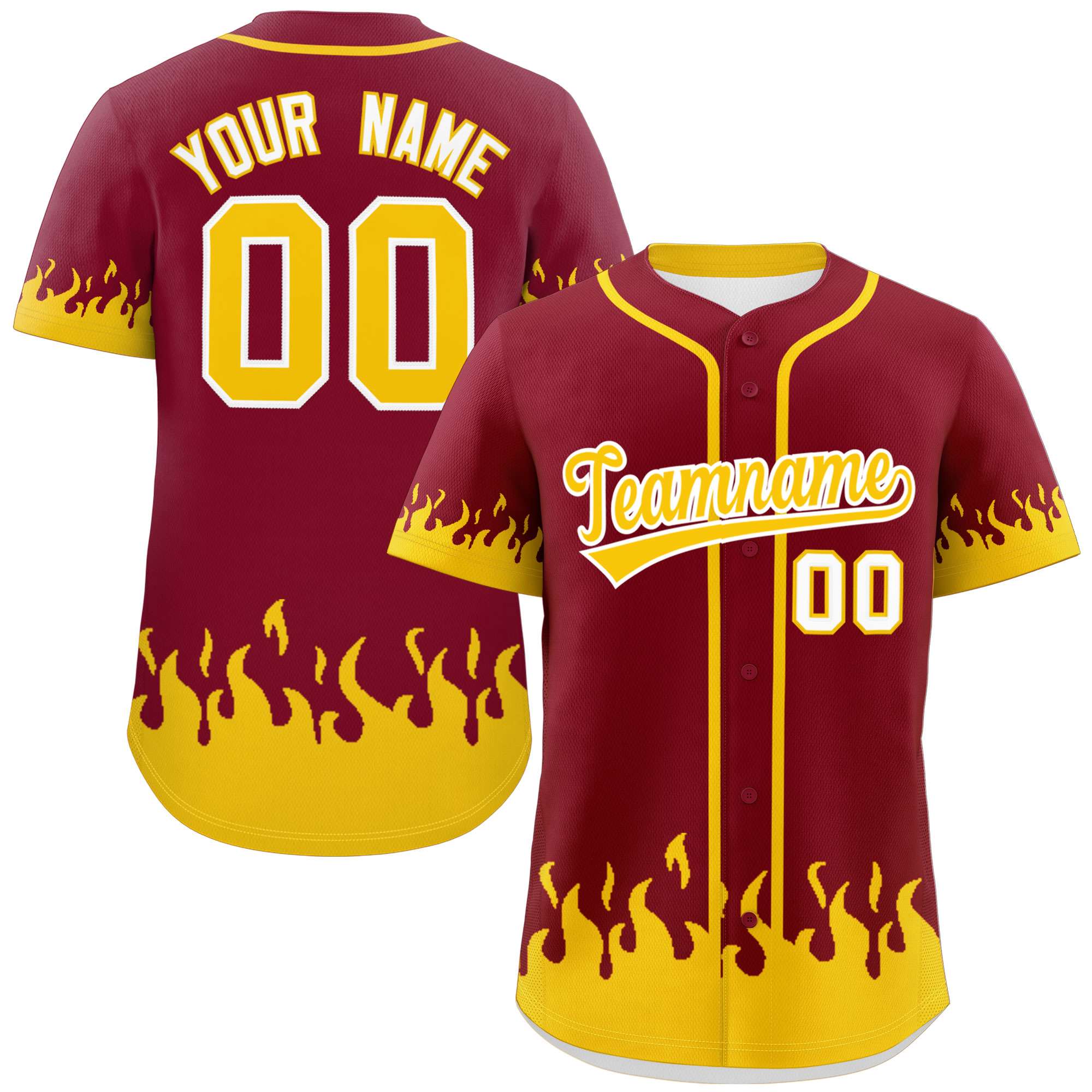 Custom Crimson Gold Personalized Flame Graffiti Pattern Authentic Baseball Jersey