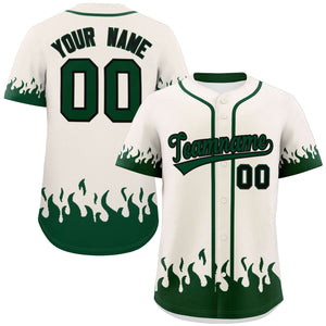 Custom Cream Green Personalized Flame Graffiti Pattern Authentic Baseball Jersey