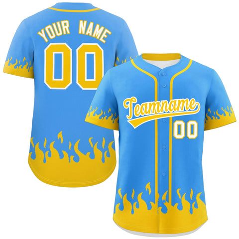 Custom Powder Blue Gold Personalized Flame Graffiti Pattern Authentic Baseball Jersey