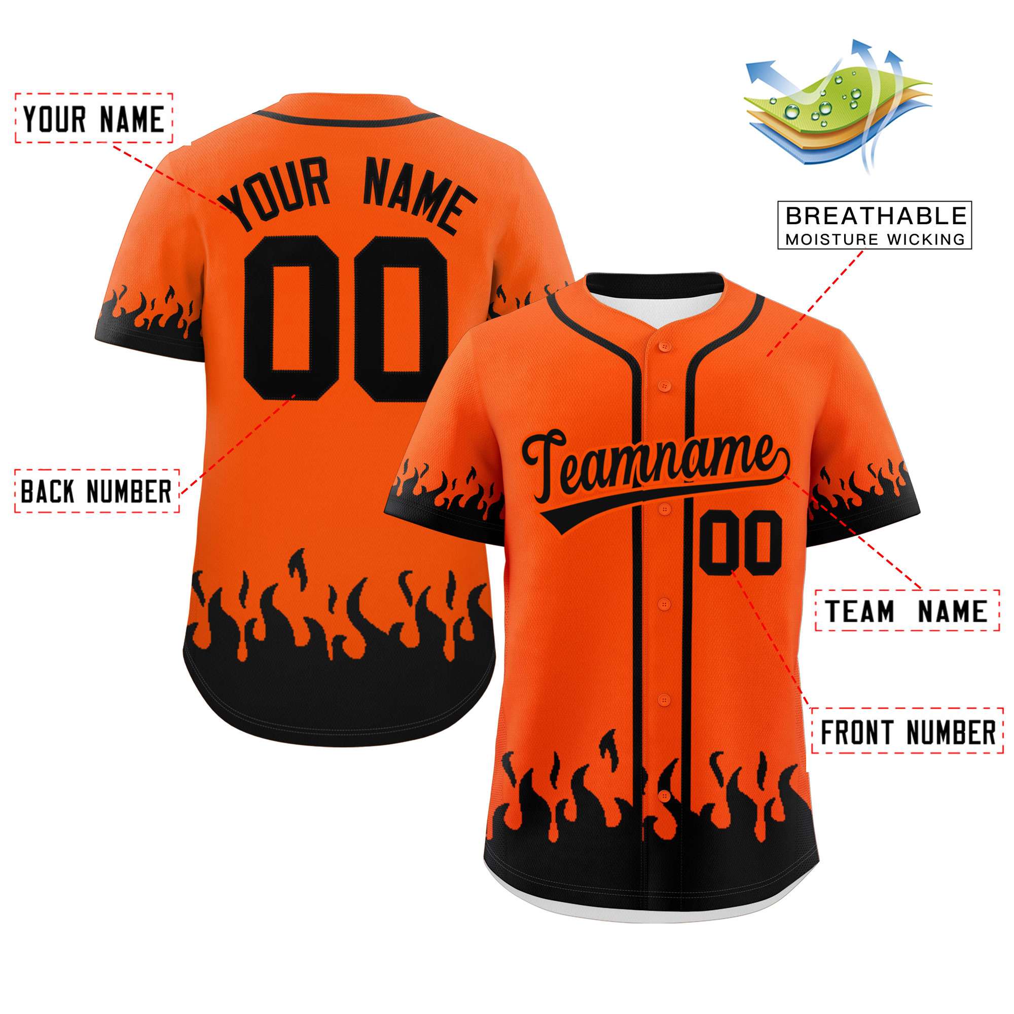 Custom Orange Black Personalized Flame Graffiti Pattern Authentic Baseball Jersey