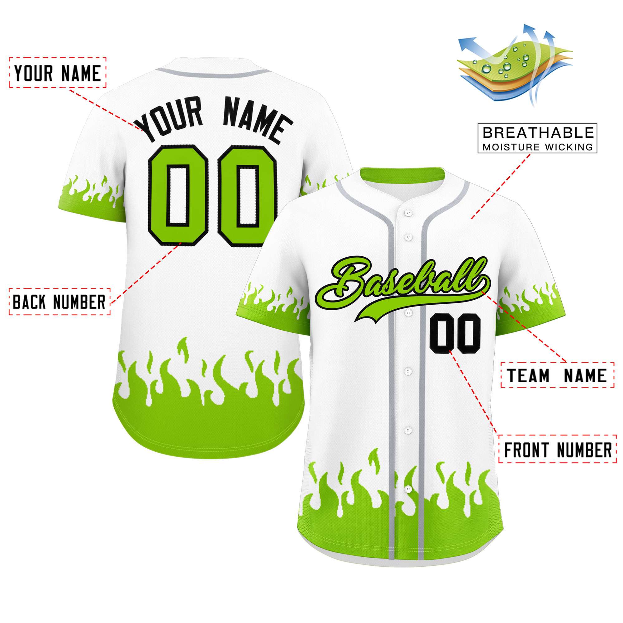 Custom White Neon Green Personalized Flame Graffiti Pattern Authentic Baseball Jersey