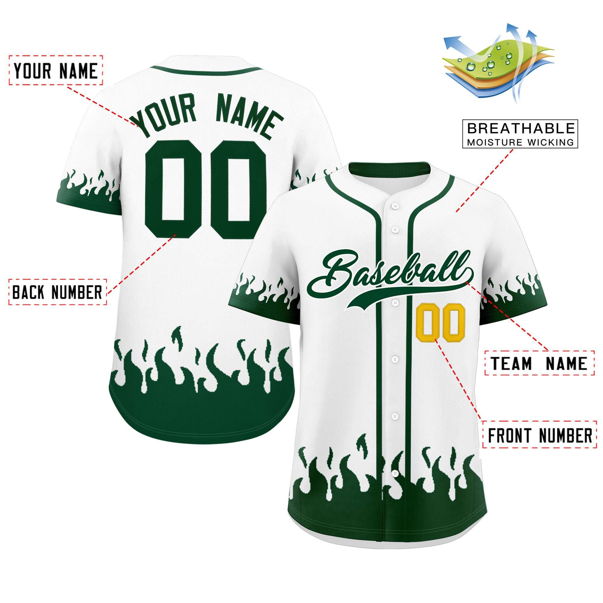 Custom White Green Personalized Flame Graffiti Pattern Authentic Baseball Jersey