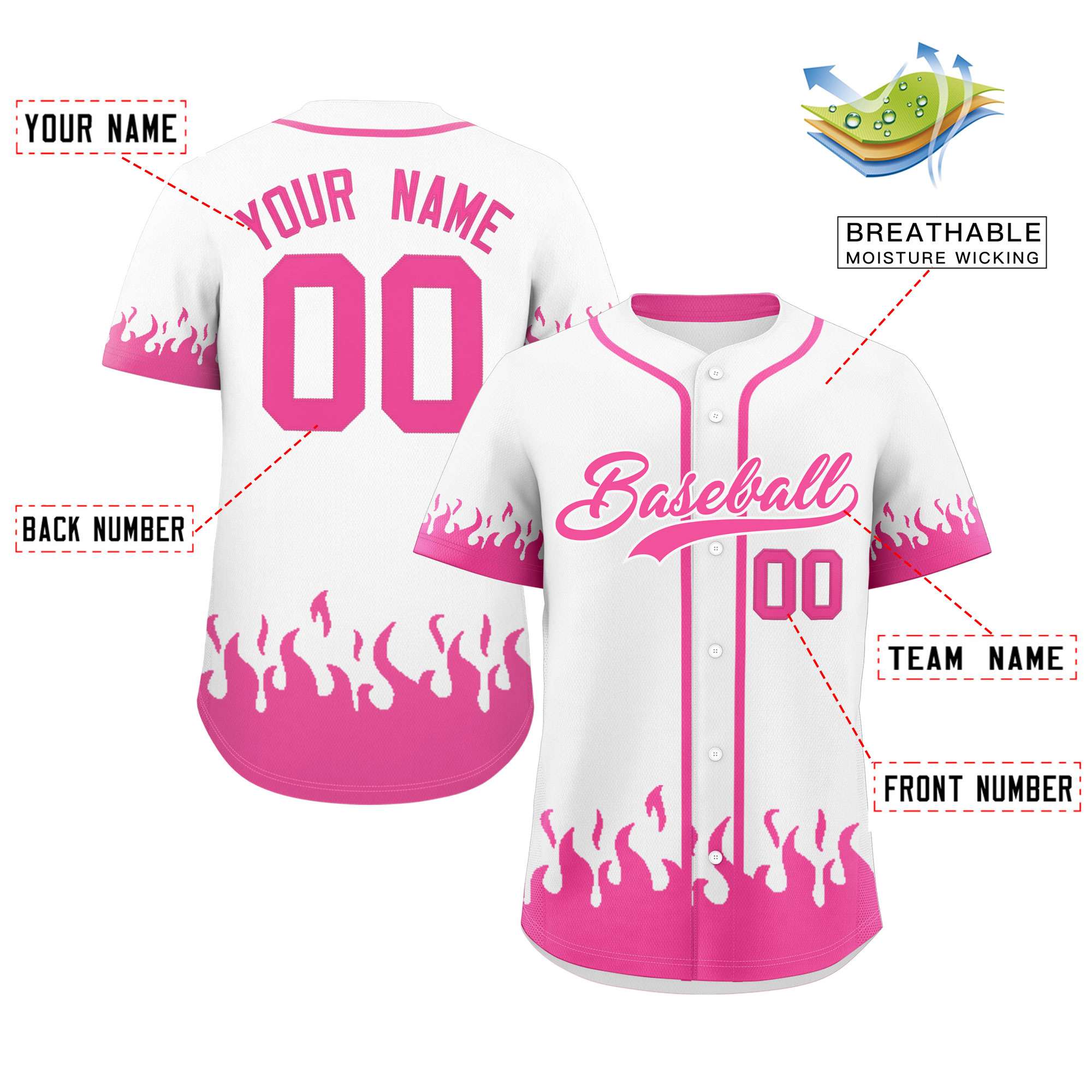 Custom White Pink Personalized Flame Graffiti Pattern Authentic Baseball Jersey